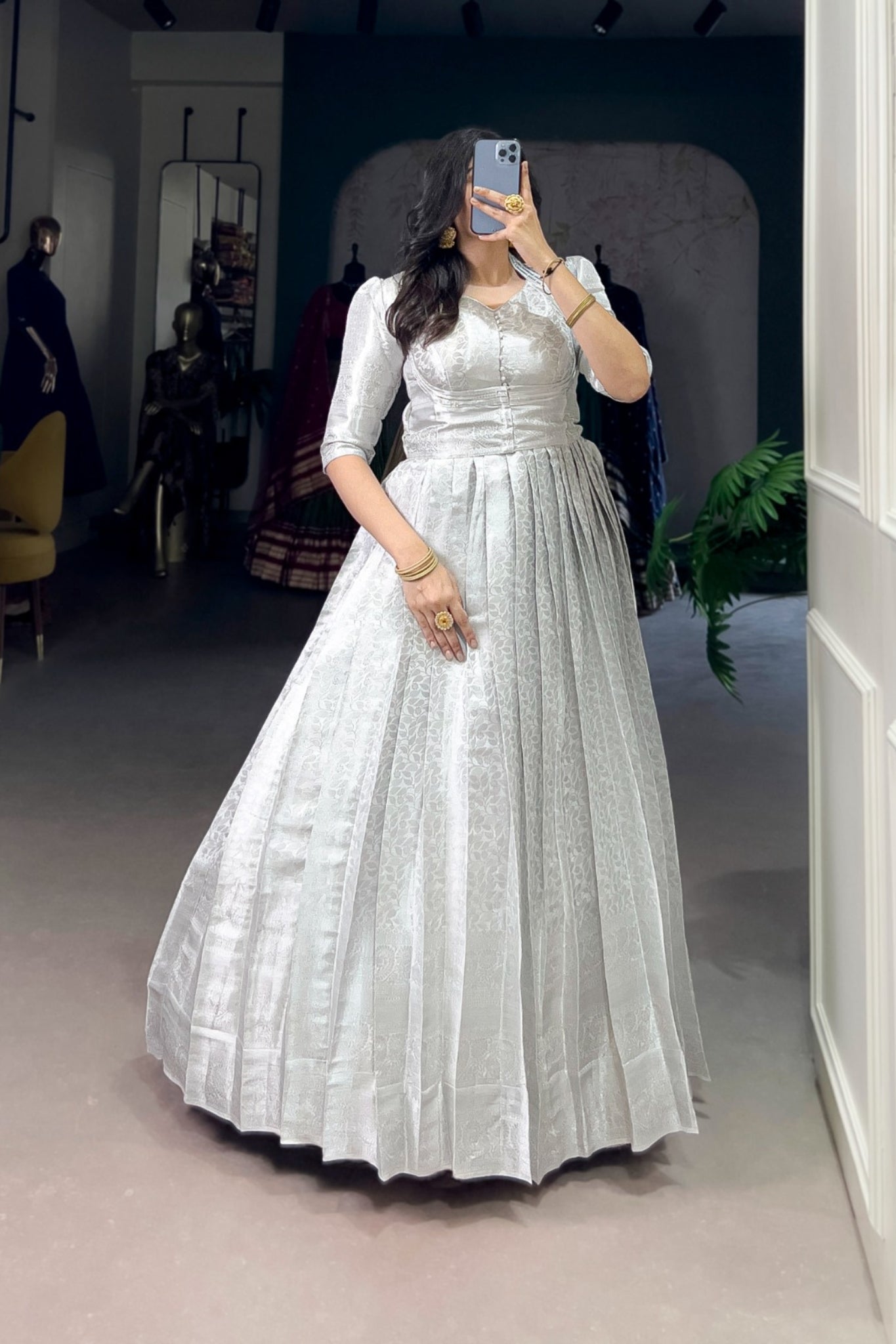 Elegant Kanjivaram Gown With Zari Work & Matching Koti