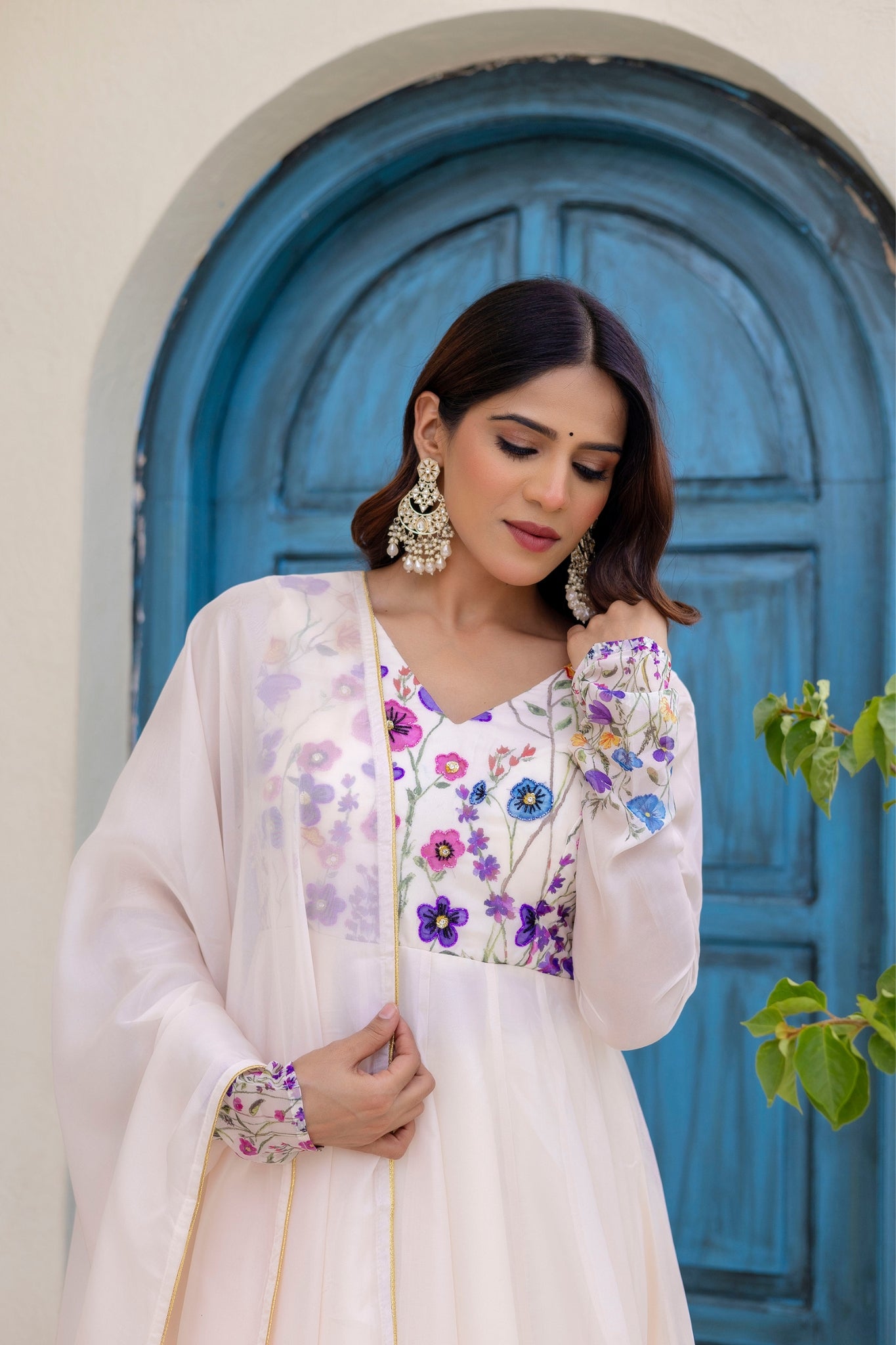 Ivory Floral Printed Organza Anarkali Set With Dupatta