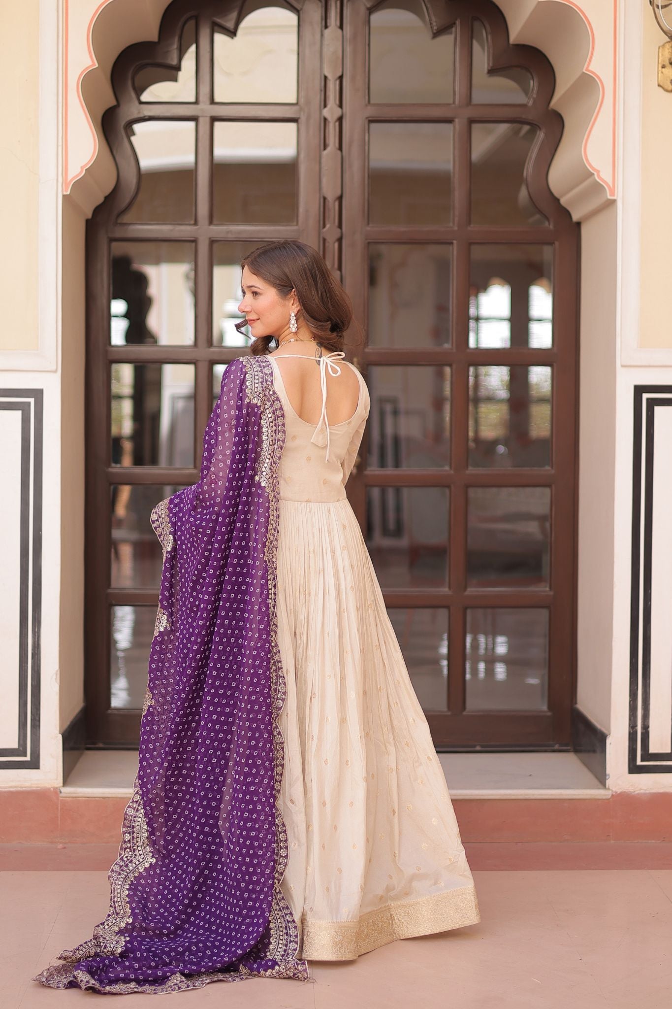 Cosmos Weaving Jacquard Crafted Pearl beads Embroidered Work Gown With Dupatta