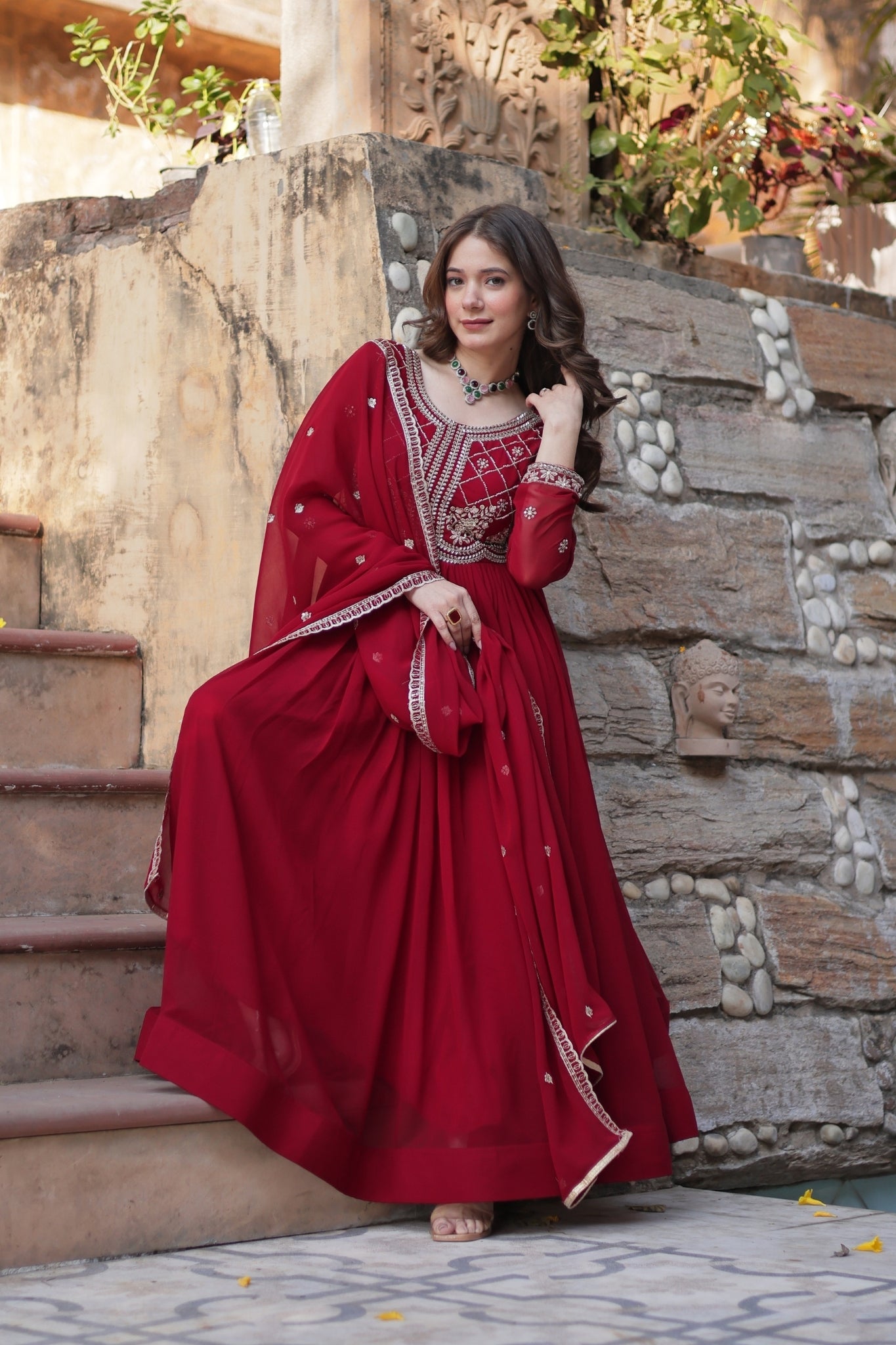 Designer Beads Embroidered Work Beautiful Wedding Gown With Dupatta Set