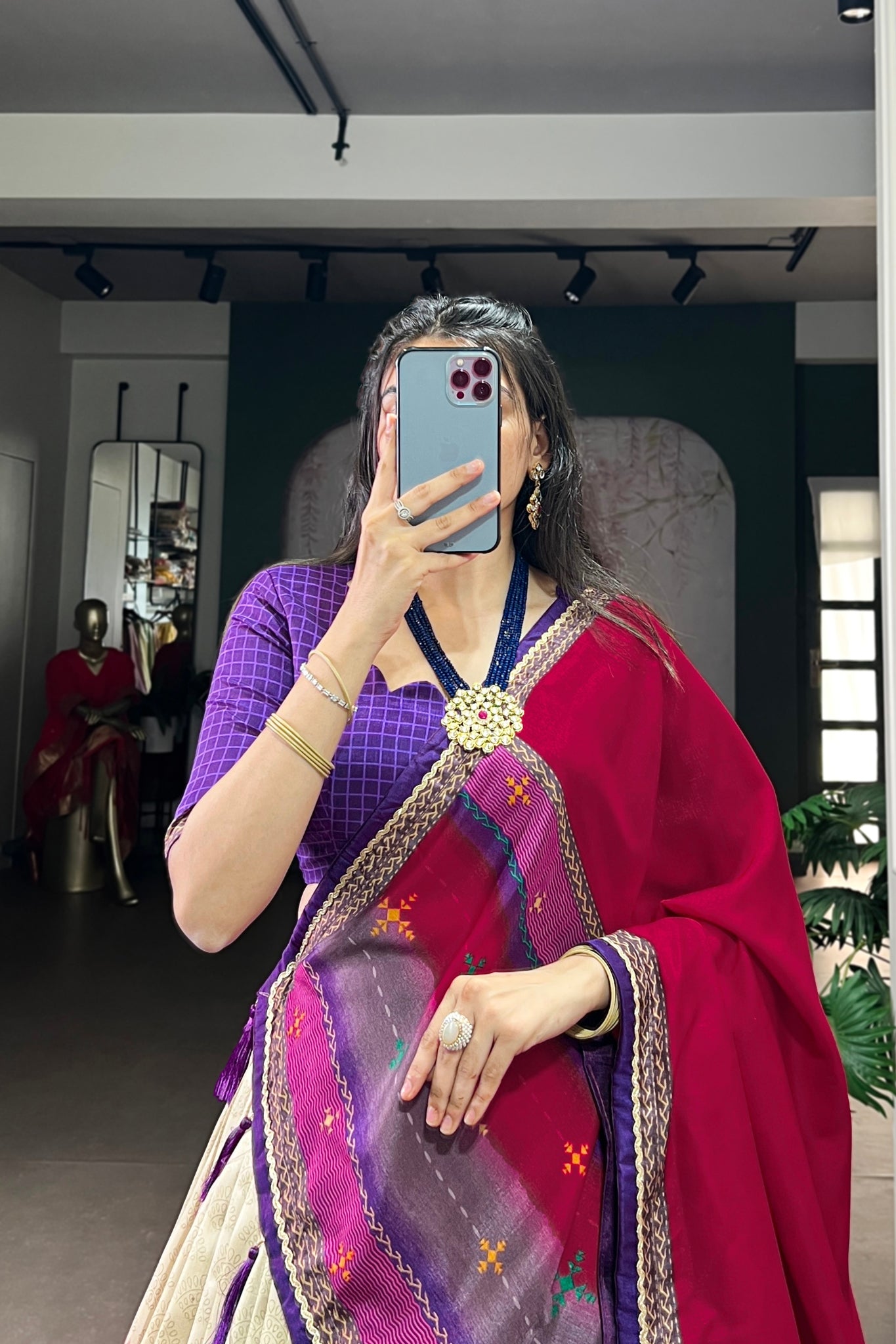 Tasar Silk Tie Dye Lehenga Set With Printed Dupatta And Chex Blouse