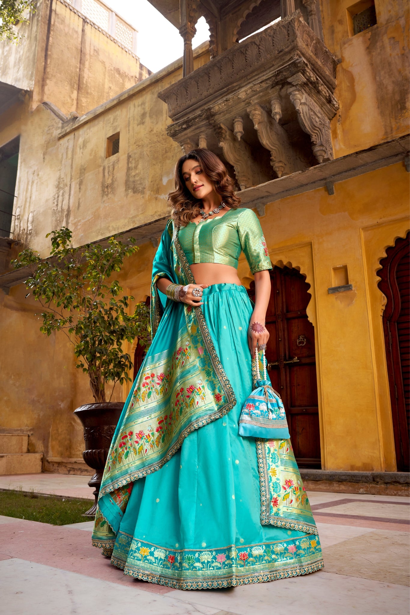 Designer Premium Paithani Soft Silk Zari Weaving Sequins With Thread Embroidery Lehenga Set