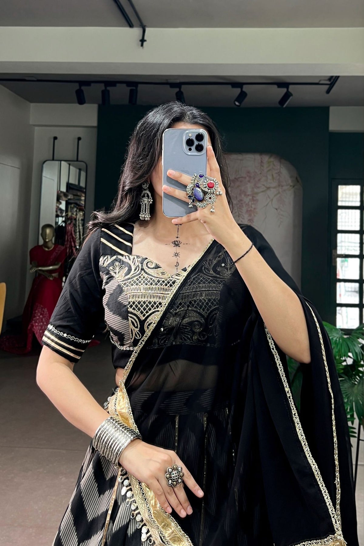 Designer Tasar Silk Mirror Work Navratri Chaniya Choli