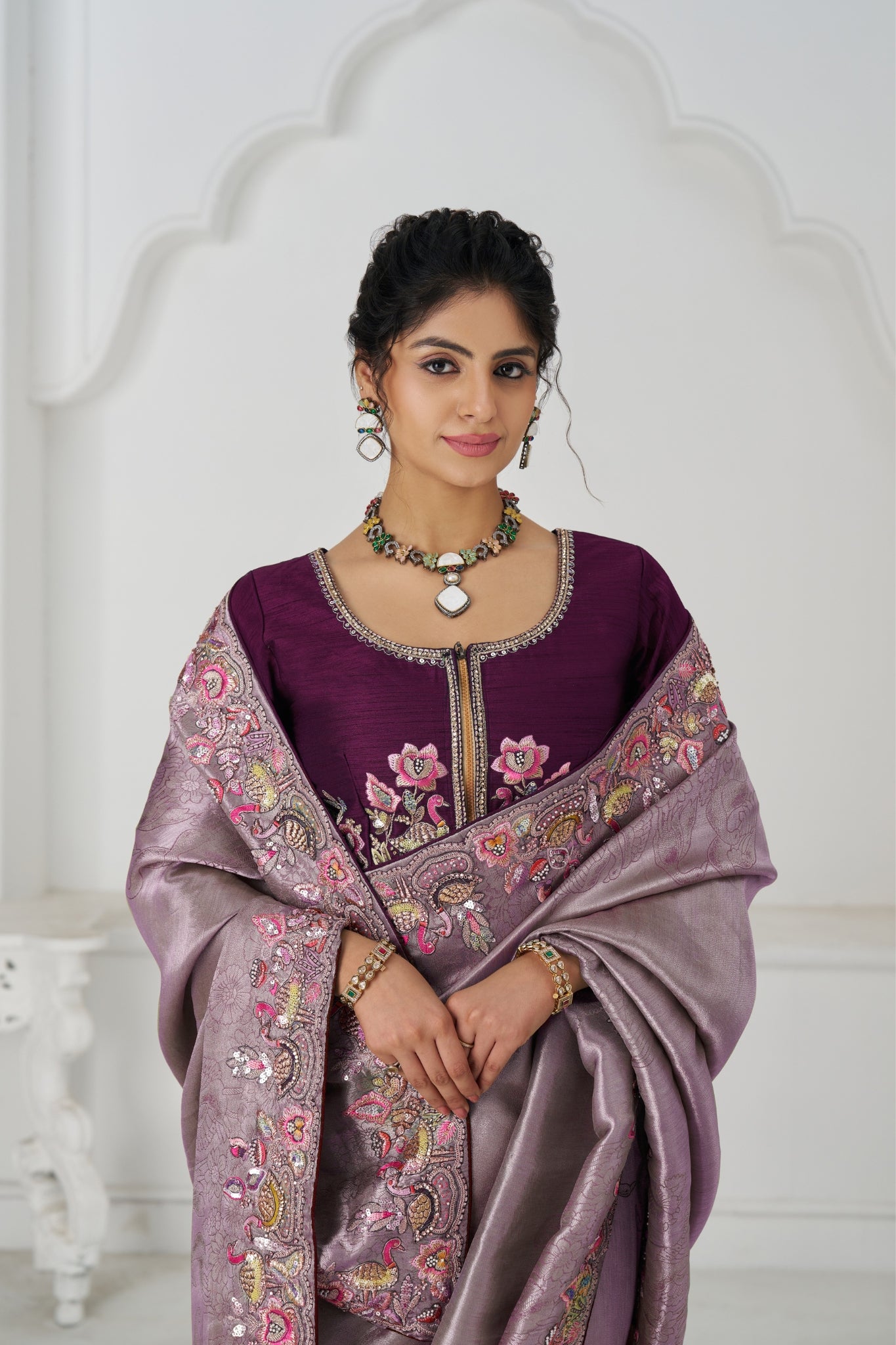 Mauve Luxury Wedding Saree With Multi-Thread Bead Embroidery & Sequin Work