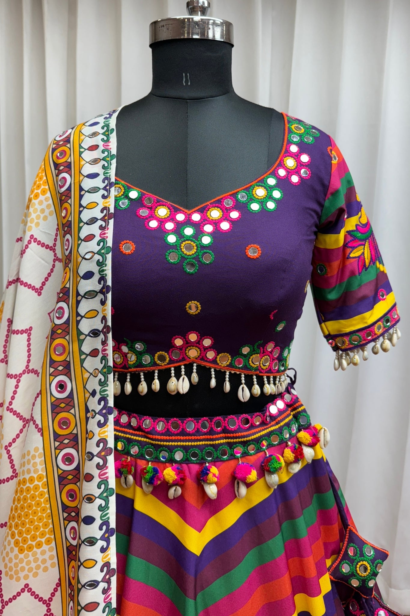Multi Color Muslin Designer Stunning Print With Mirror Work Navratri Lehenga Choli