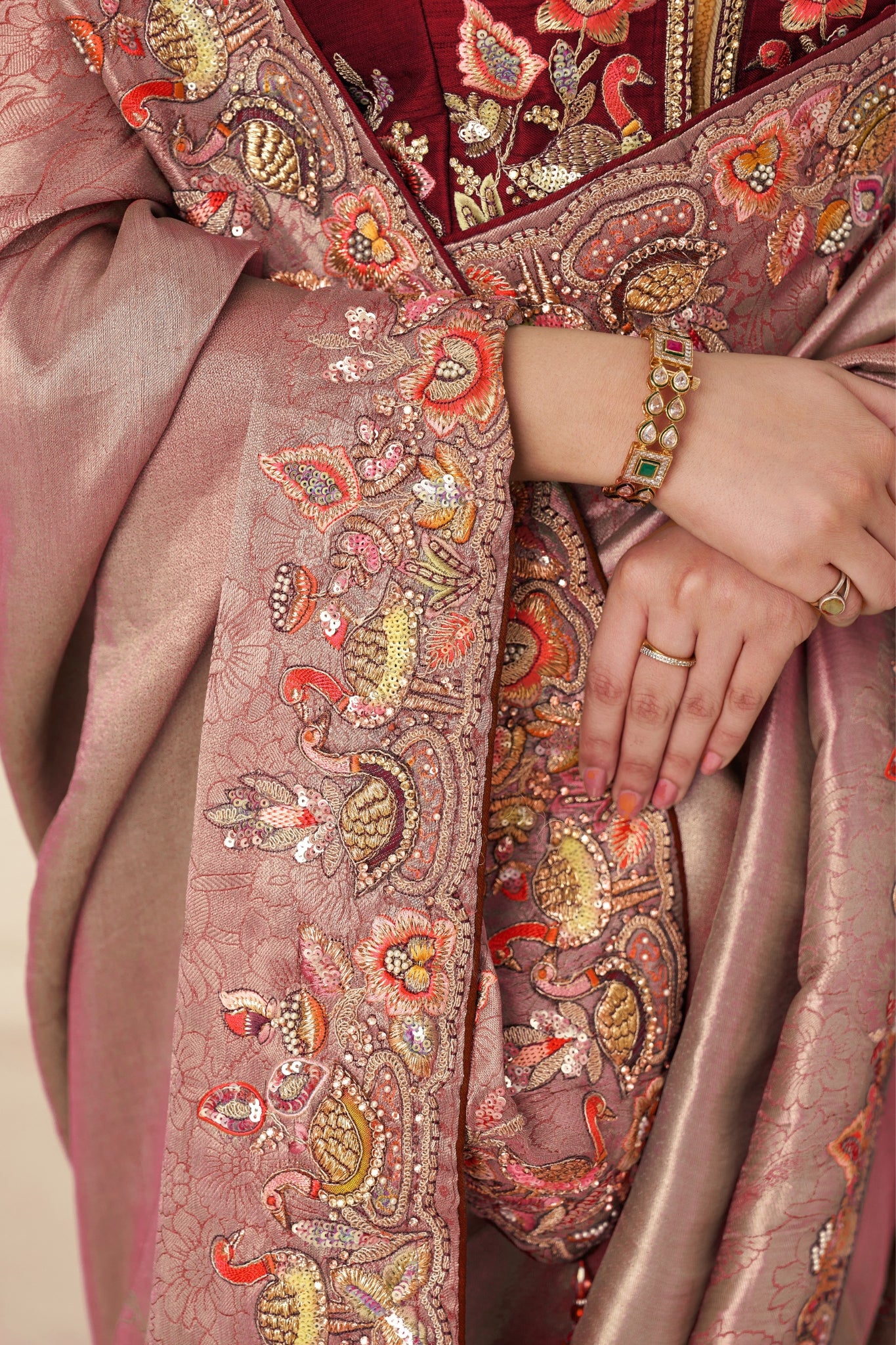 Pink Luxury Wedding Saree With Multi-Thread Bead Embroidery & Sequin Work