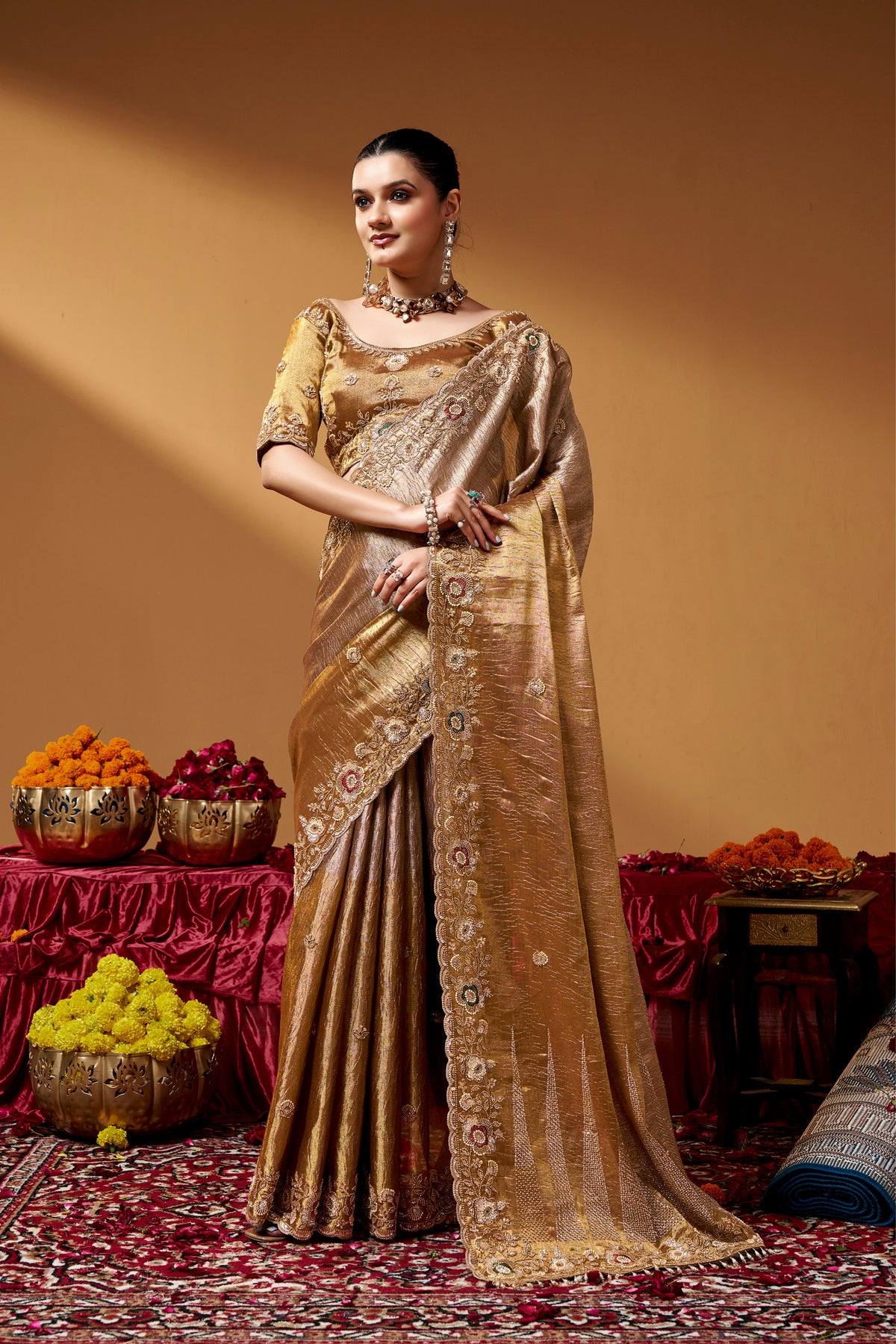 Kanjivaram Zari Tissue Designer Hand Embroider And Tube Beads Wedding Saree
