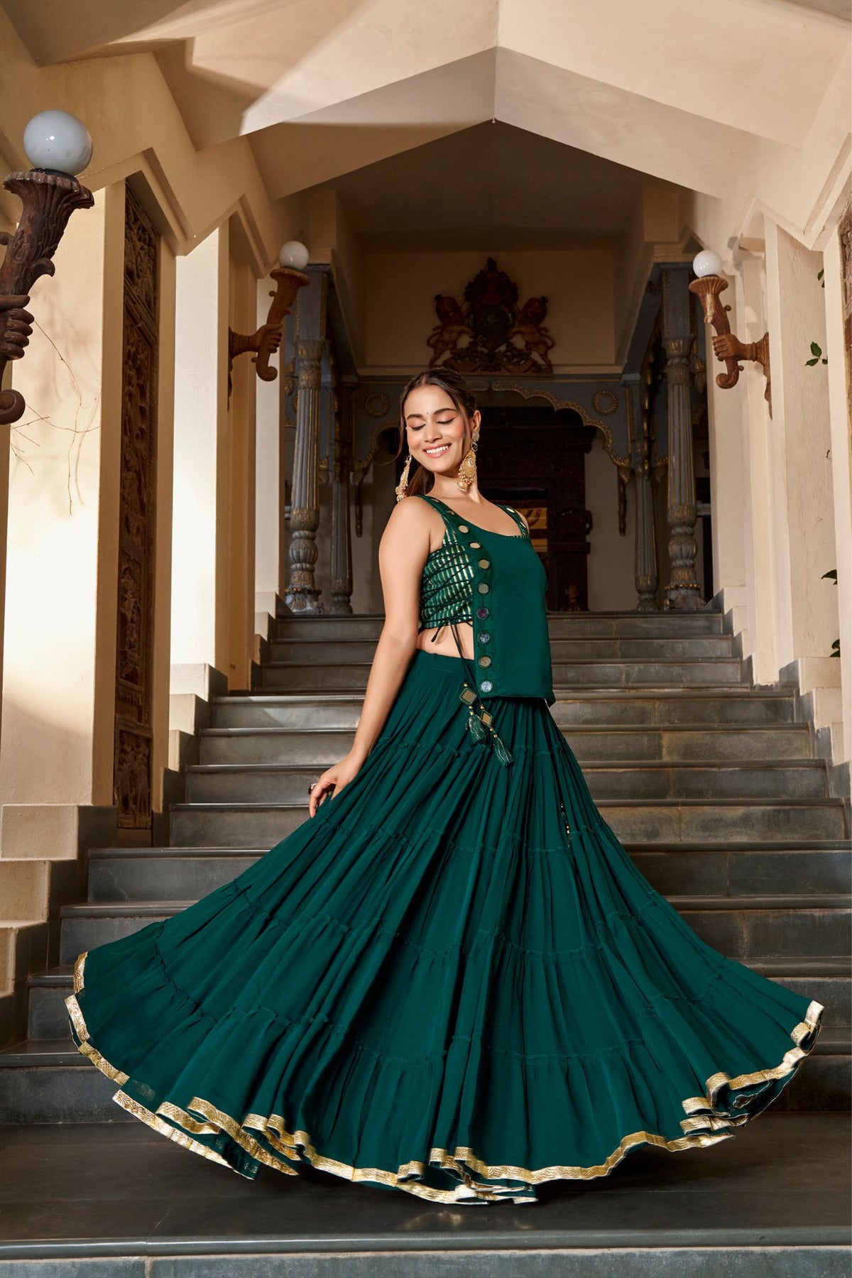 14 Meter Full Gher Navratri Showstopper Lehenga Choli With Mirror Koti