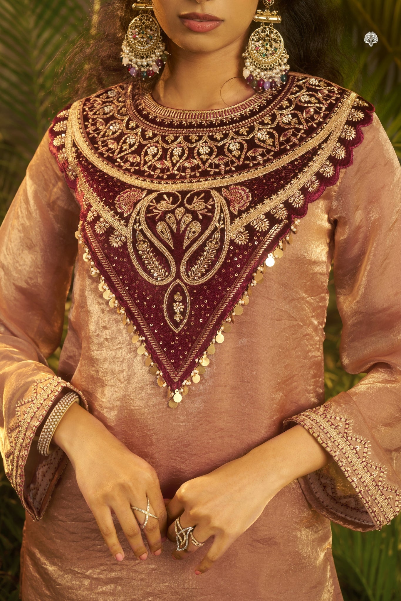 Rose Gold Fendi Co Ord Set With Velvet Patch And Sequins Detailing