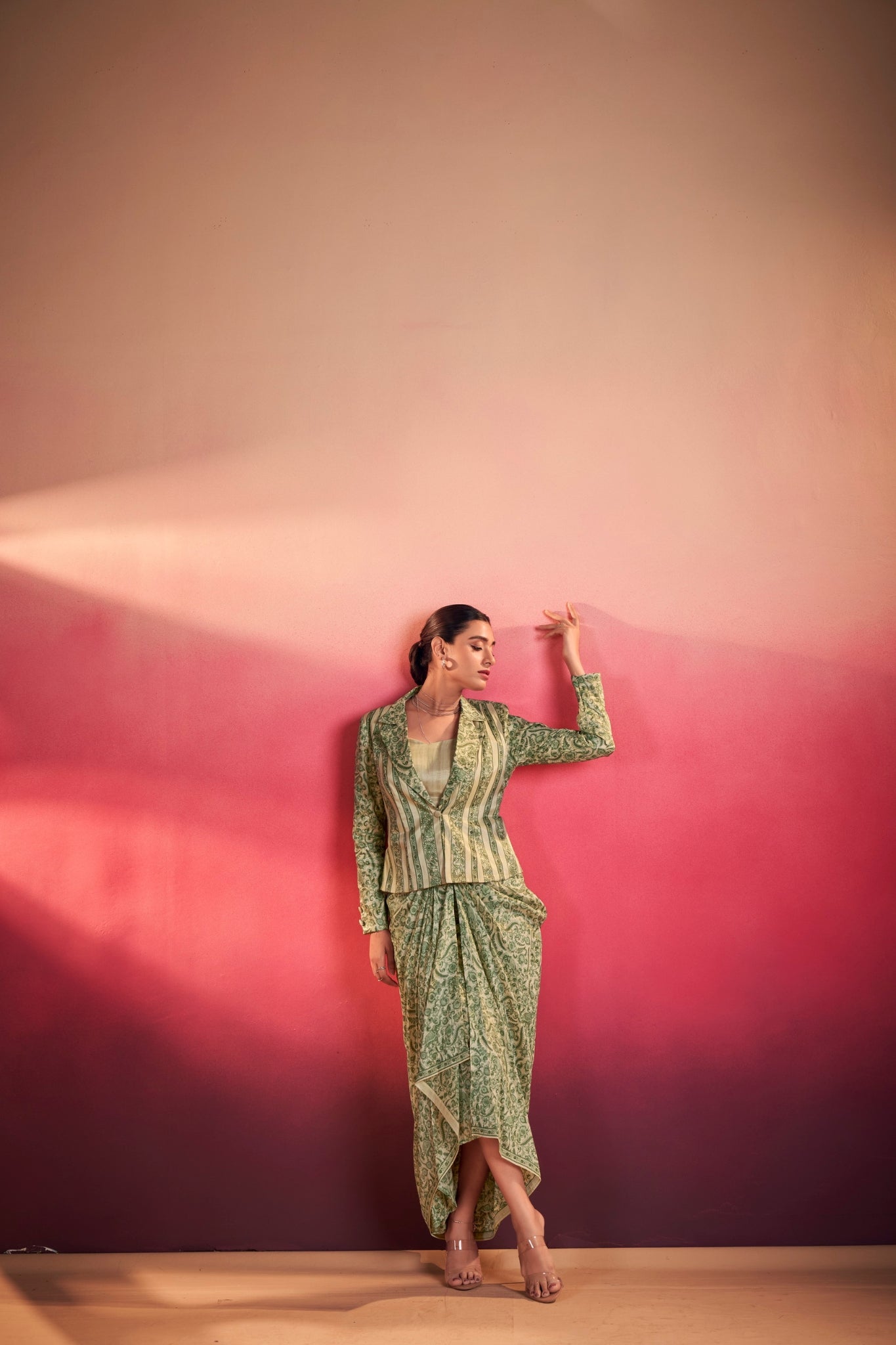 Premium Printed Tasar Silk Co-Ord Set With Draped Skirt & Tailored Jacket