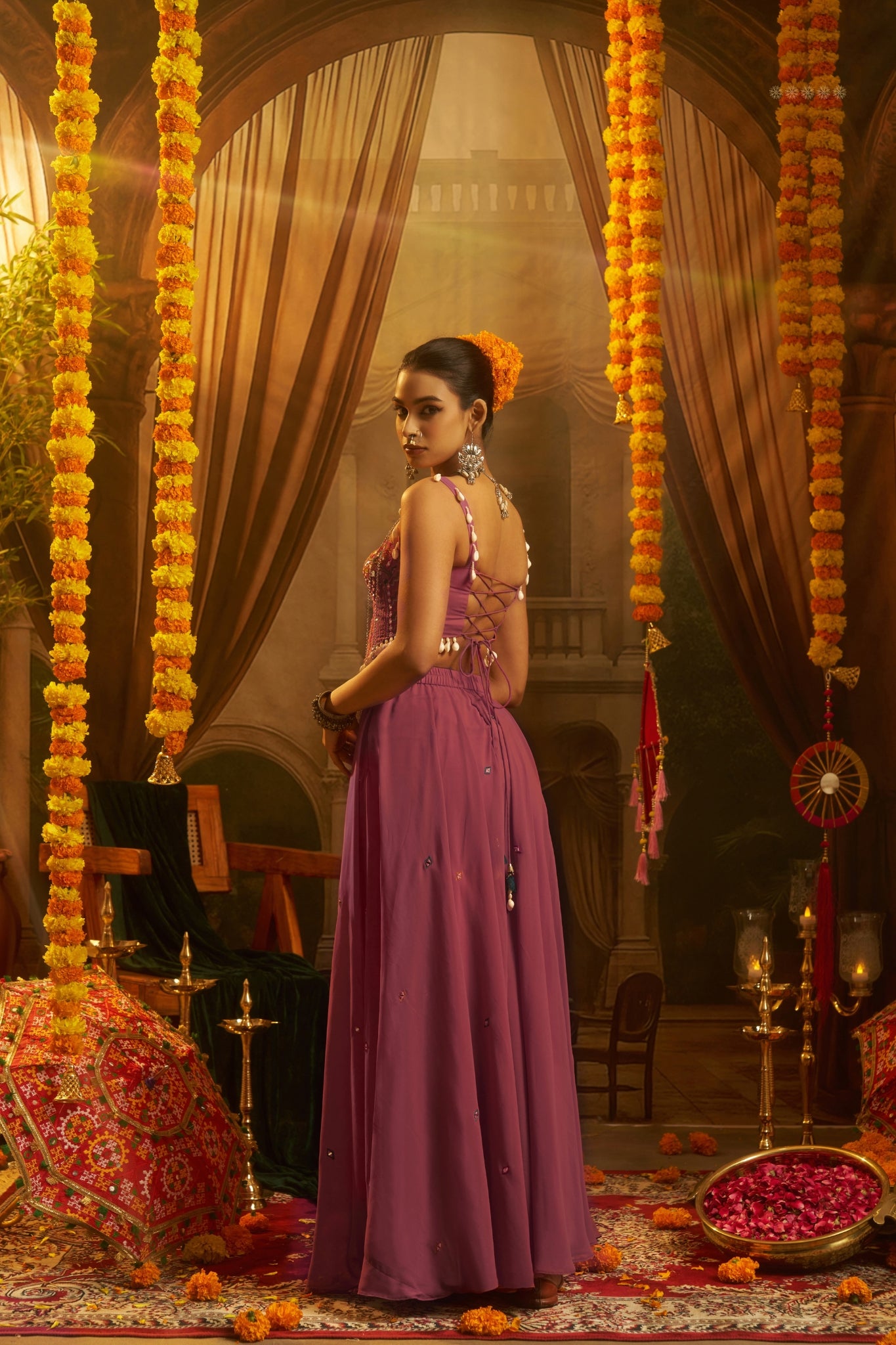 Pink Georgette Designer Festive Set With Mirror And Shell Handwork