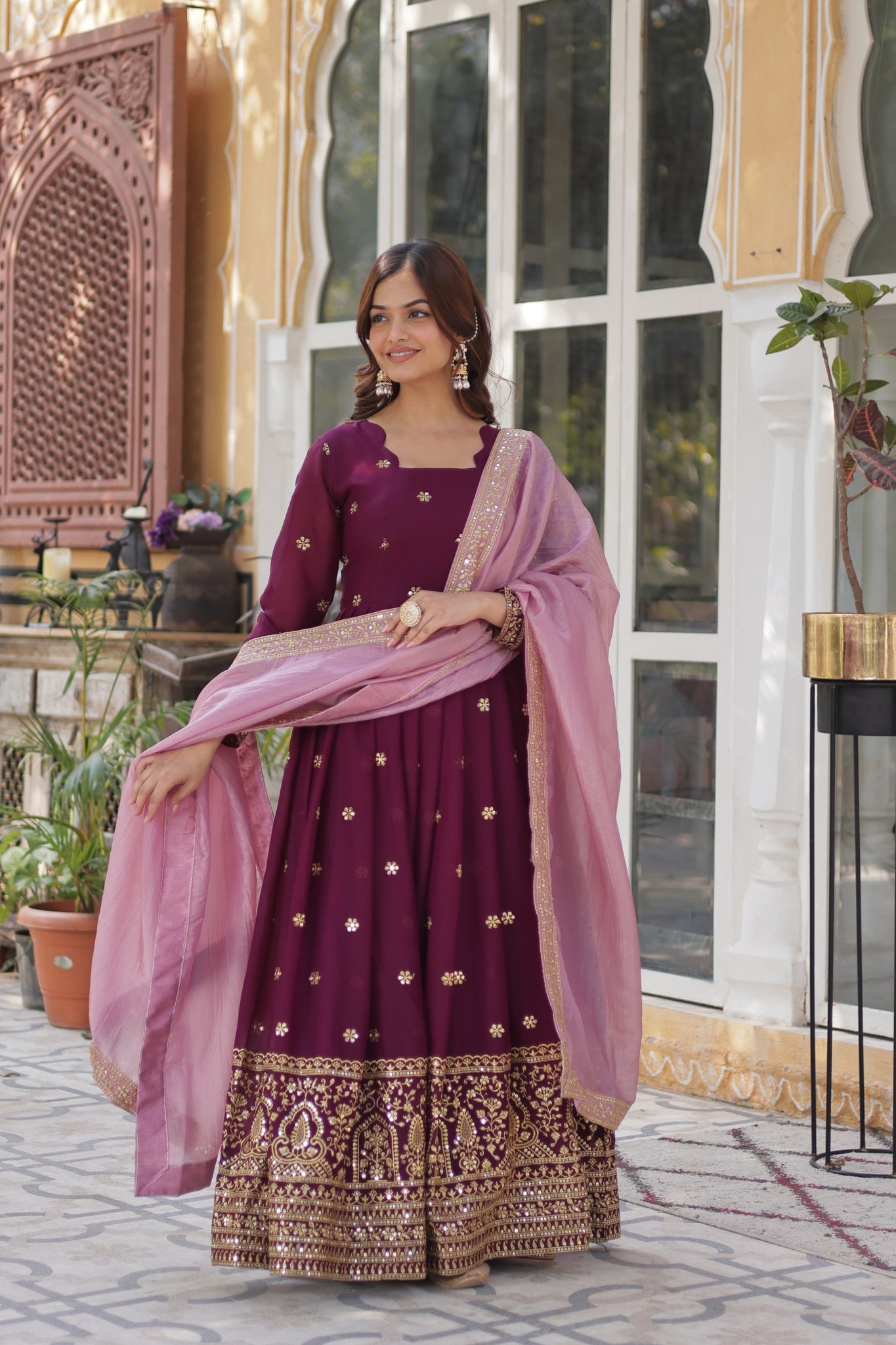 Plum Embroidered Georgette Anarkali Set