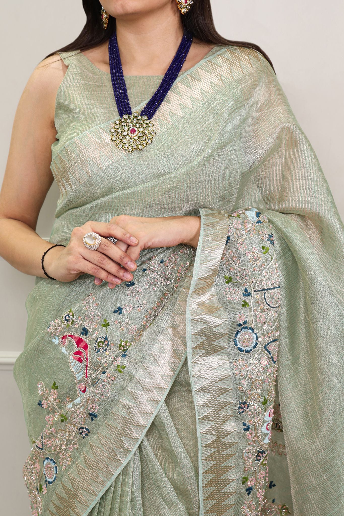 Premium Zari Kota Tissue Saree | Embroidery Beads Work Zari Weaving Border