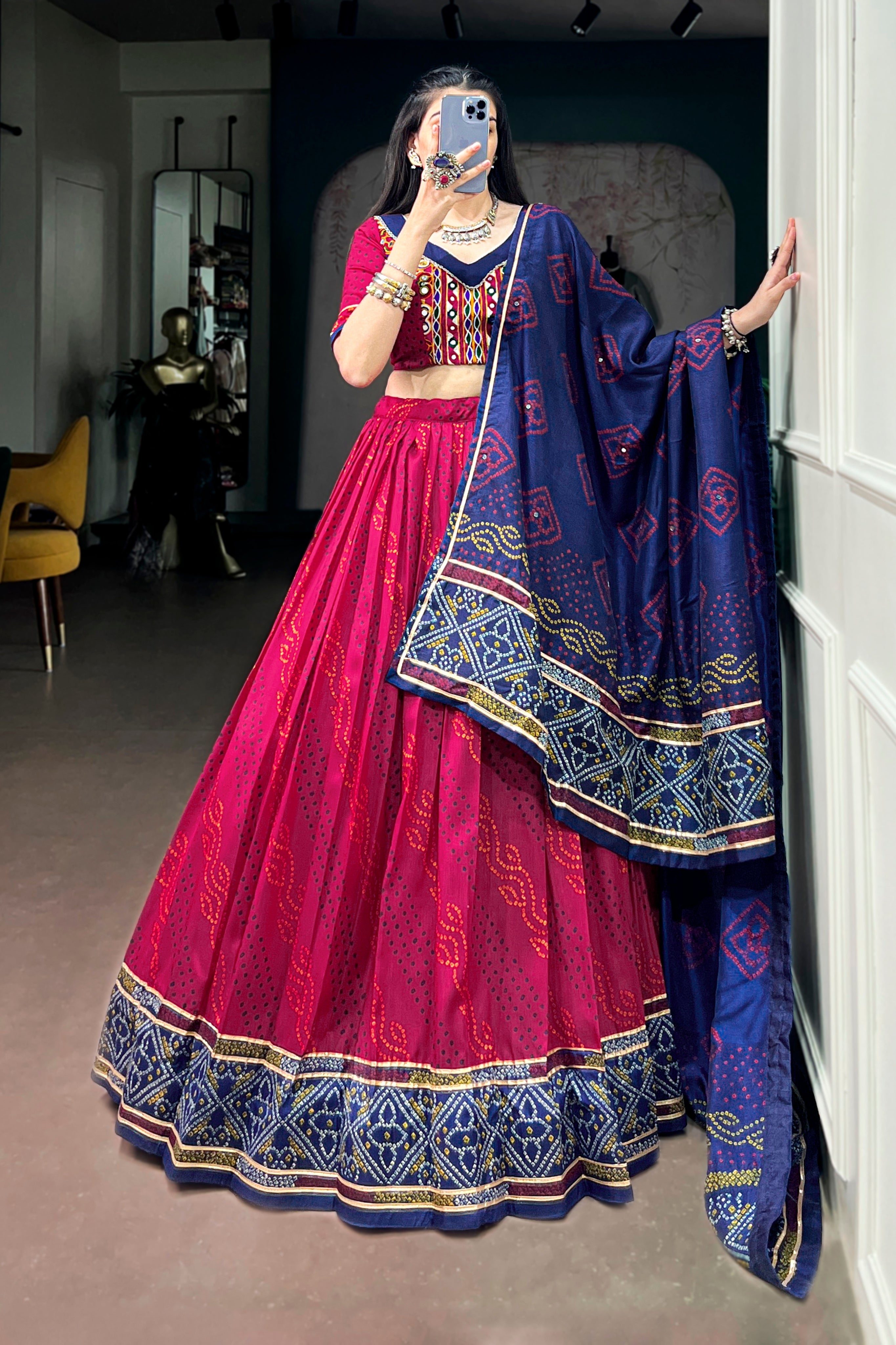 Tasar Silk Bandhani Print Designer Lehenga Choli for Navratri
