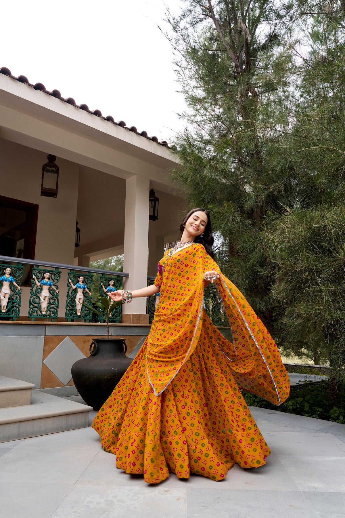 Mustard Georgette Bandhej Print With Embroidery Work Designer Navratri Chaniya Choli For Women