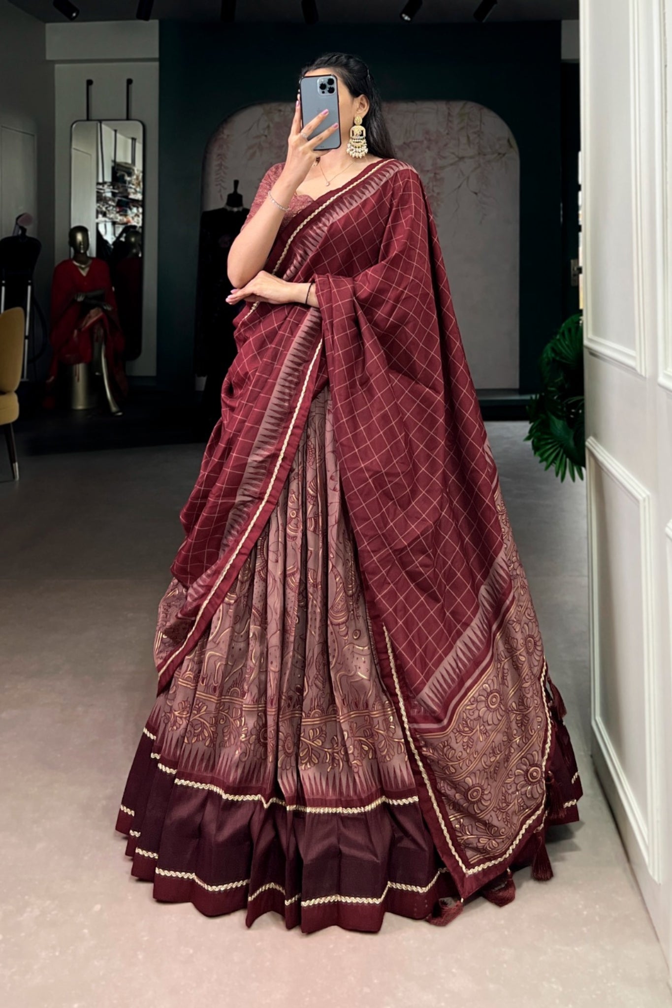 Festive Kalamkari Printed Tasar Silk Lehenga Choli With Dupatta