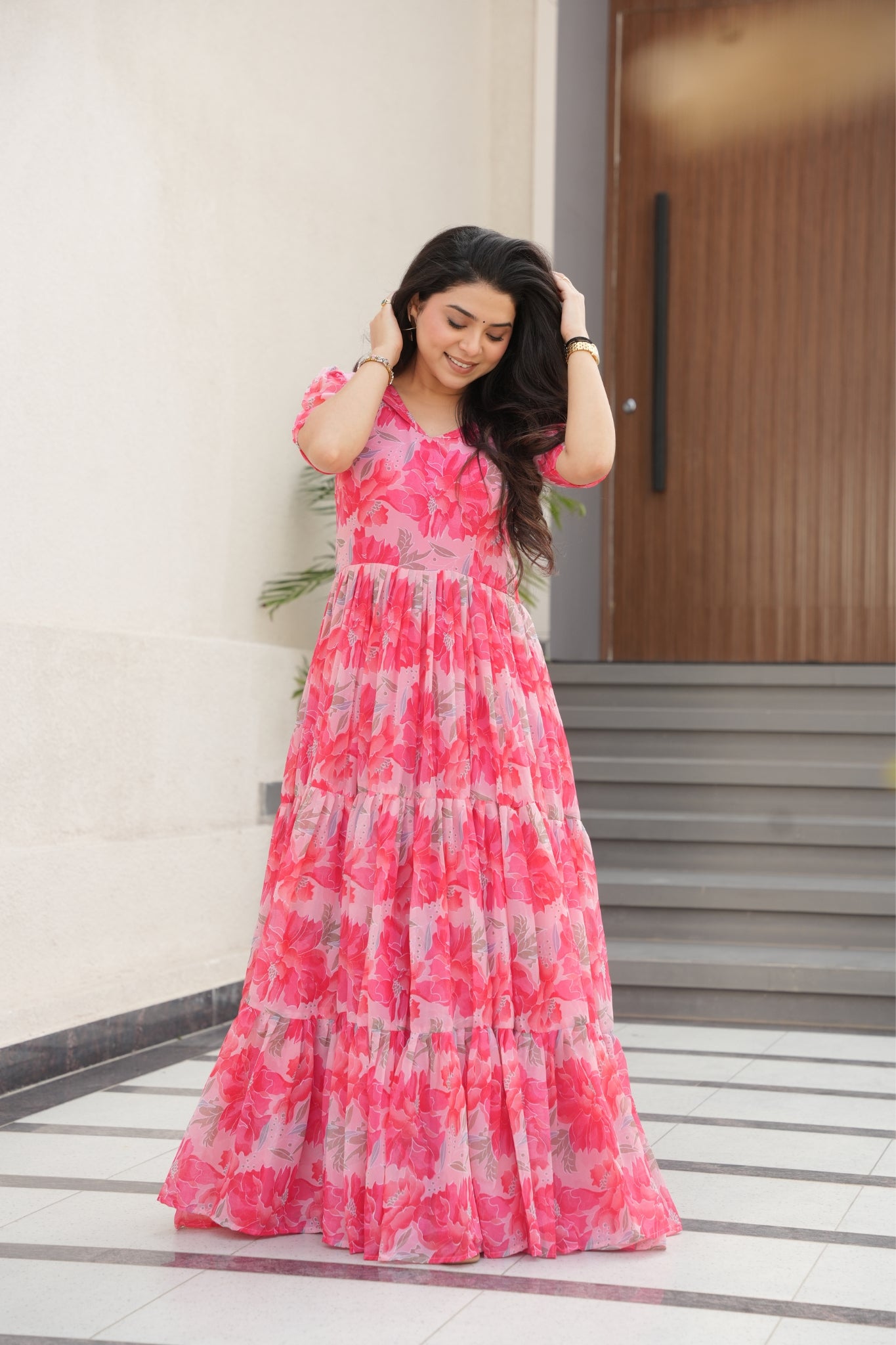 Floral Printed Georgette Women Tiered Gown