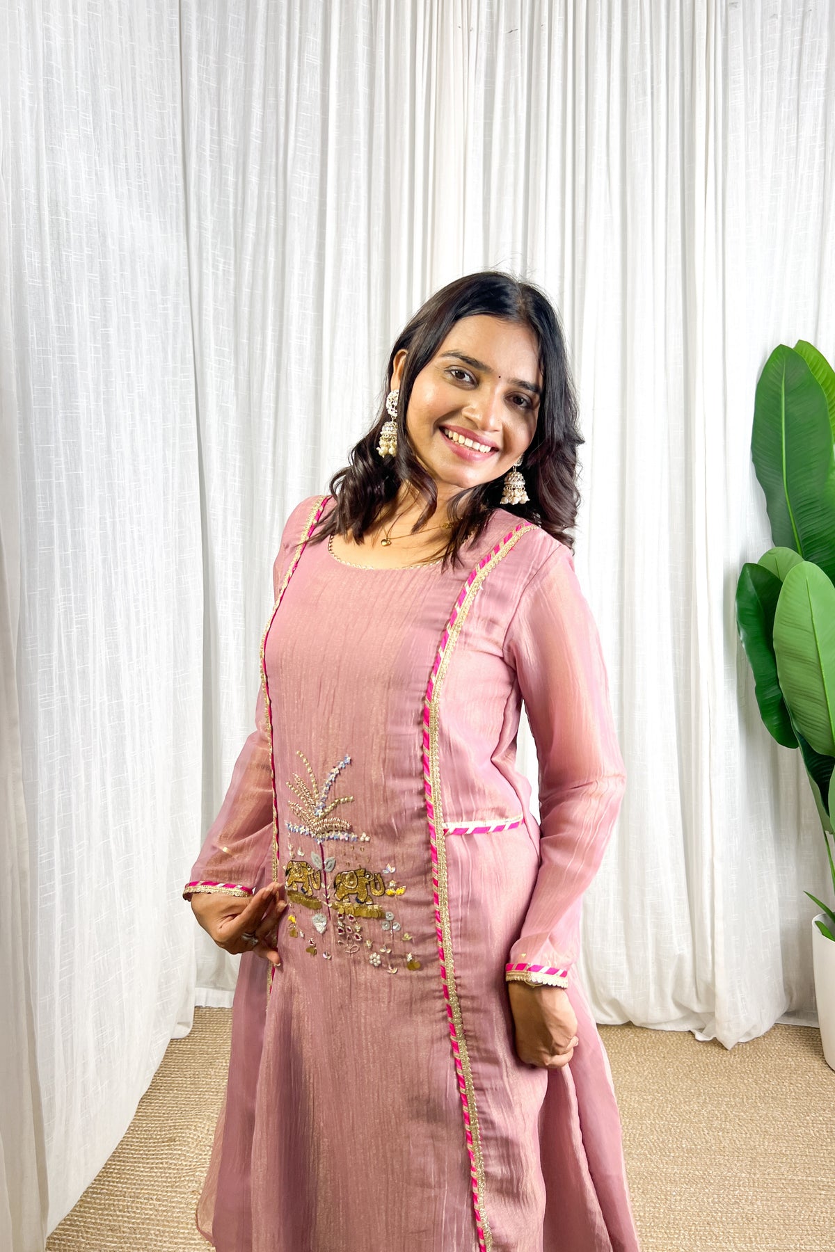 Dusty Pink Handmade Designer Elephant & Palm Handwork Festive Kurta Set For Women