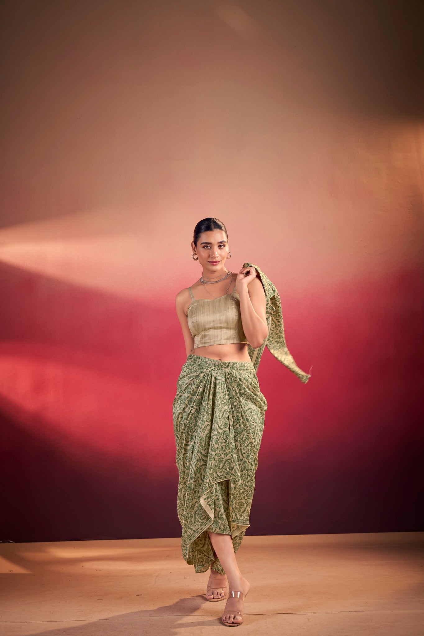 Premium Printed Tasar Silk Co-Ord Set With Draped Skirt & Tailored Jacket