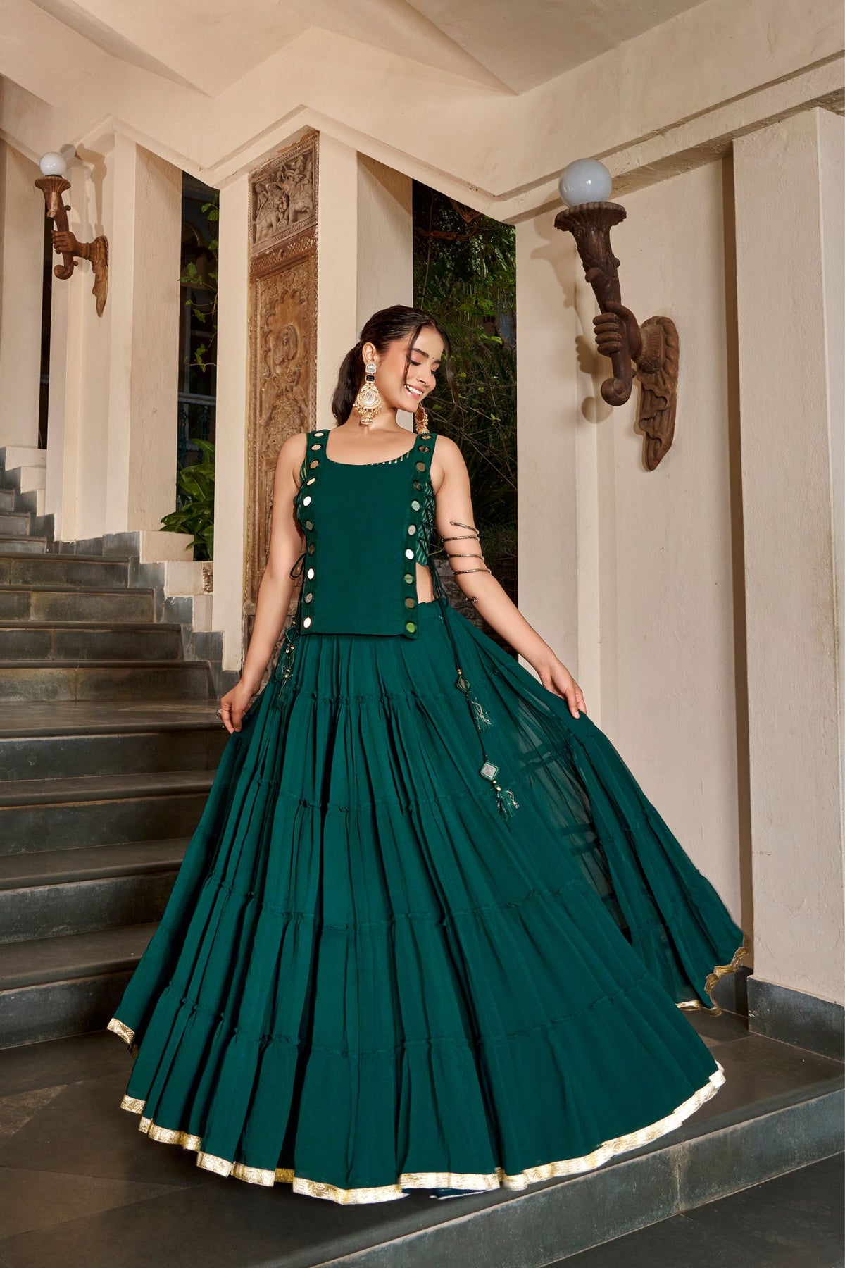 14 Meter Full Gher Navratri Showstopper Lehenga Choli With Mirror Koti