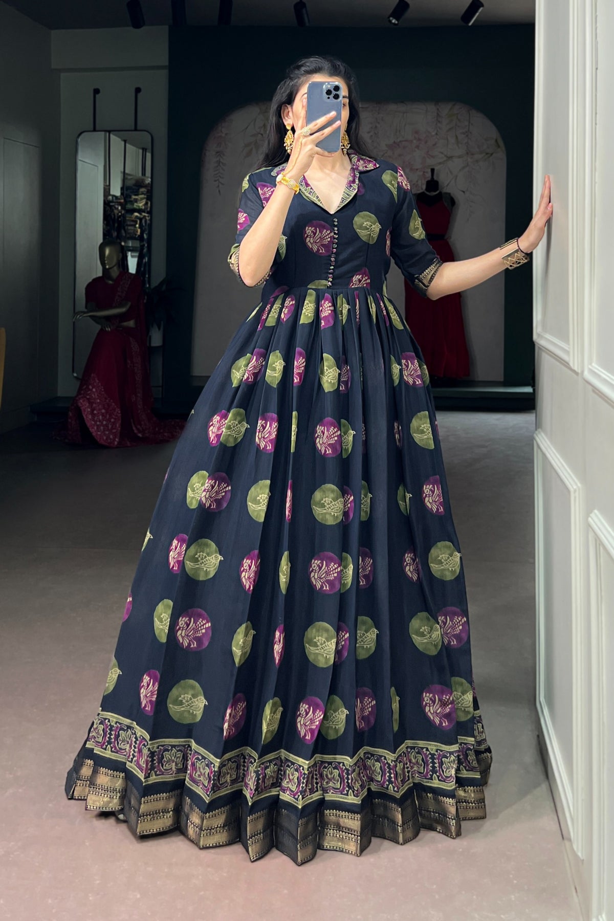 Designer Chanderi Printed Gown For Festive Wear