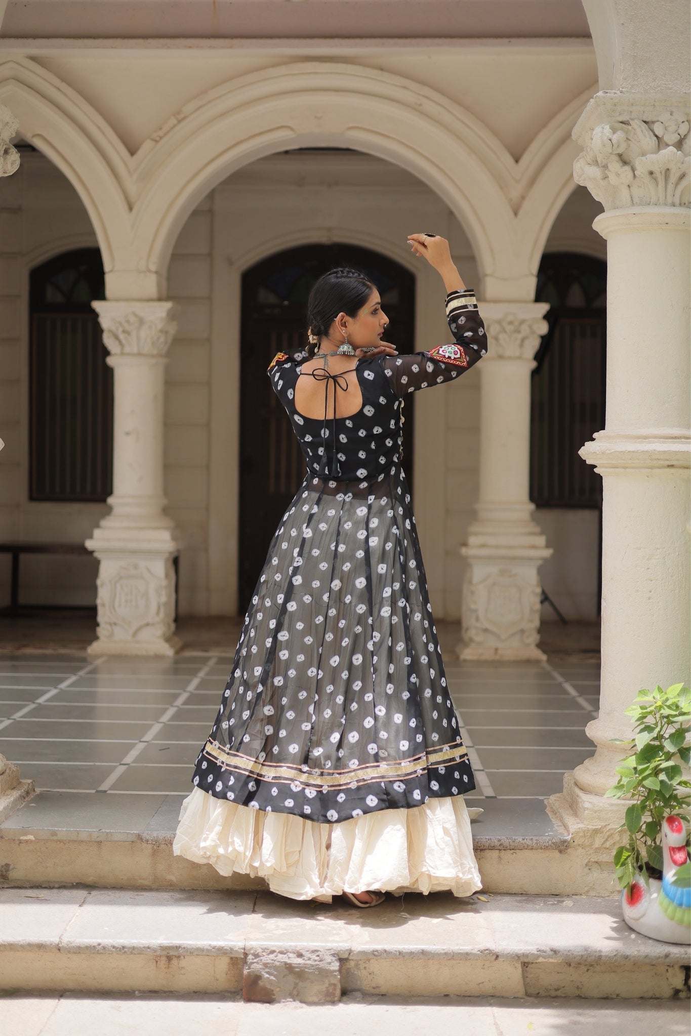 Kora Cotton Stylish Frill Stitching Beautiful Navratri Lehenga With Bandhani Printed Kurti