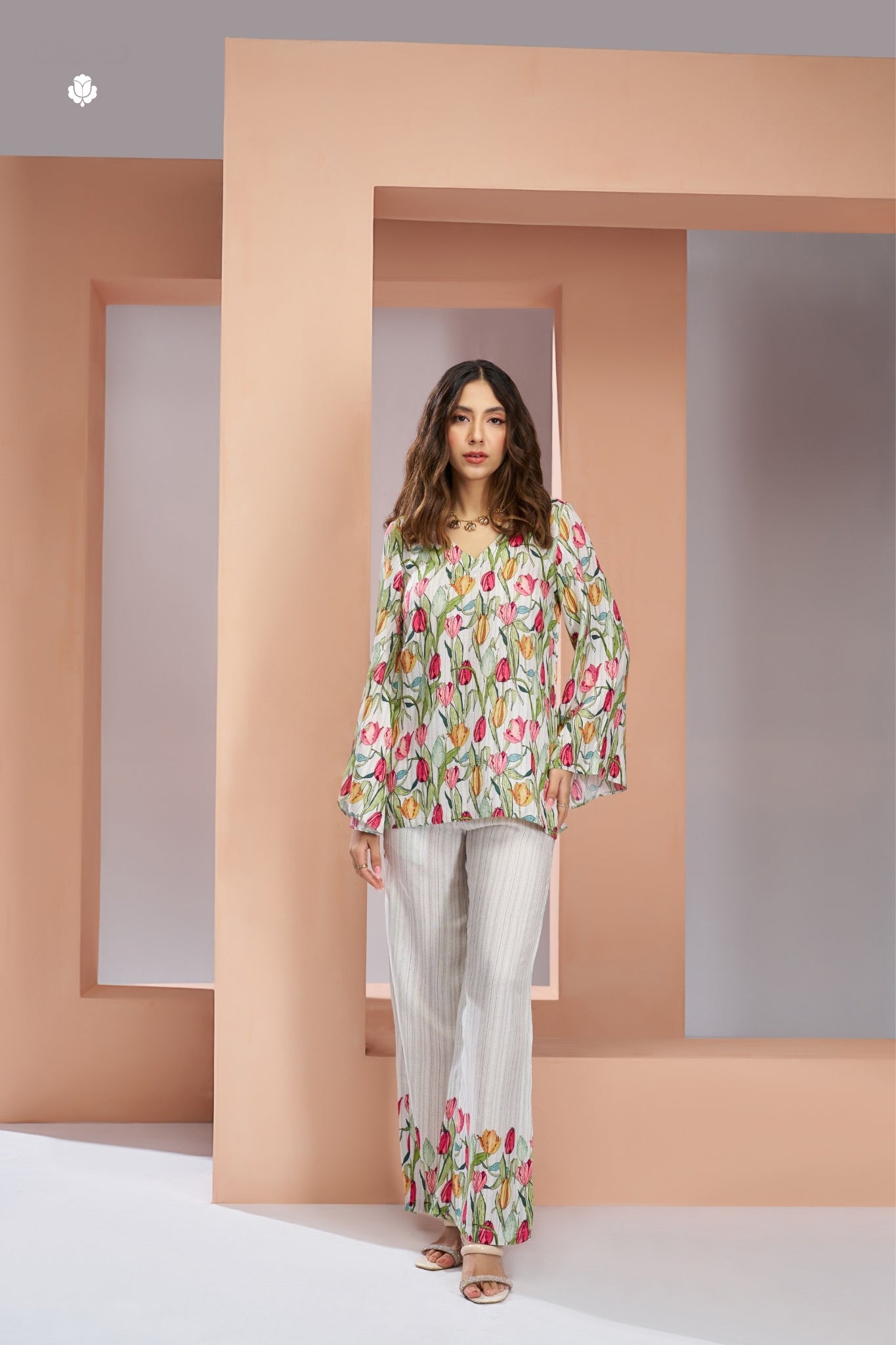 White Pure Muslin Silk Floral Co-Ord Set for Women