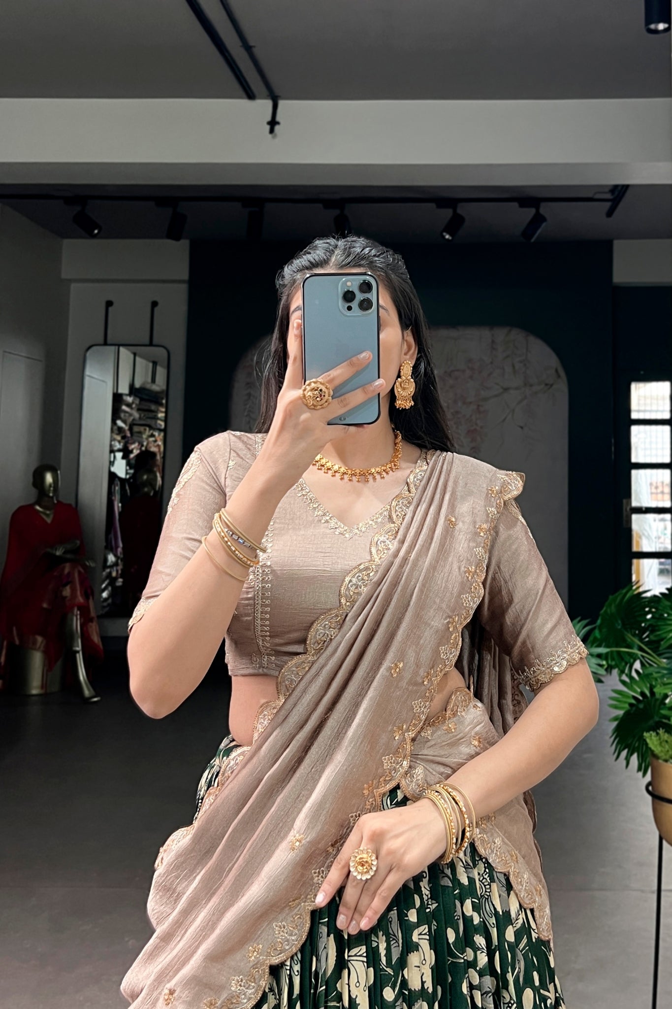 Premium Kalamkari Tasar Silk Lehenga Choli With Embroidered Dupatta
