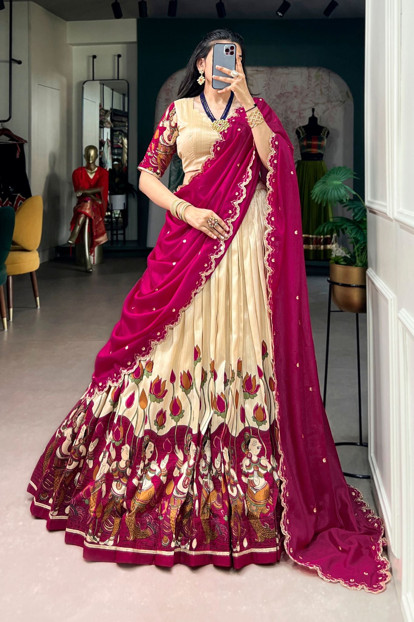 Designer Tasar Silk Kalamkari Print Wedding And Festive Lehenga Choli