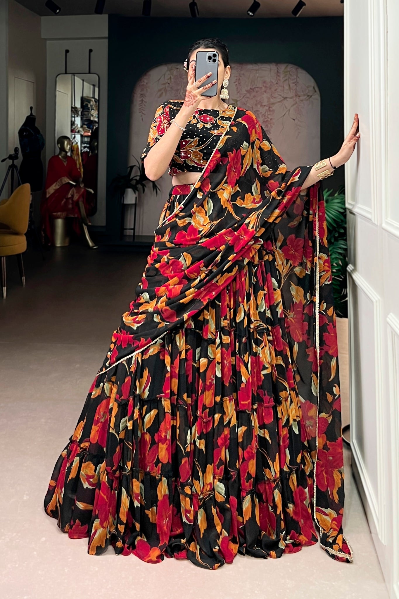 Floral Marble Print Lehenga Choli Set For Women