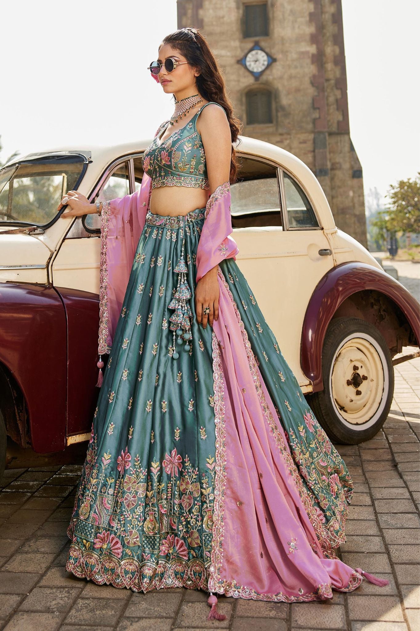 Teal Blue Rangoli Silk Designer Lehenga Choli With Pink Embroidered Dupatta