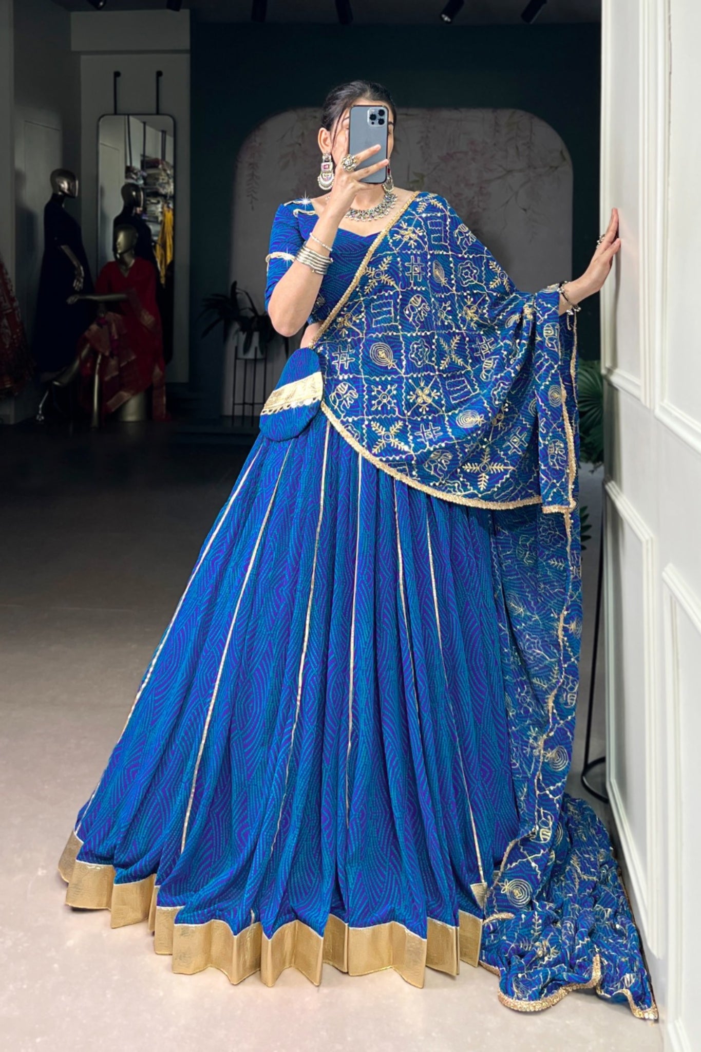 Vibrant Bandhej Print Designer Georgette With Mirror Work Lehenga Choli Set For Wedding And Navratri