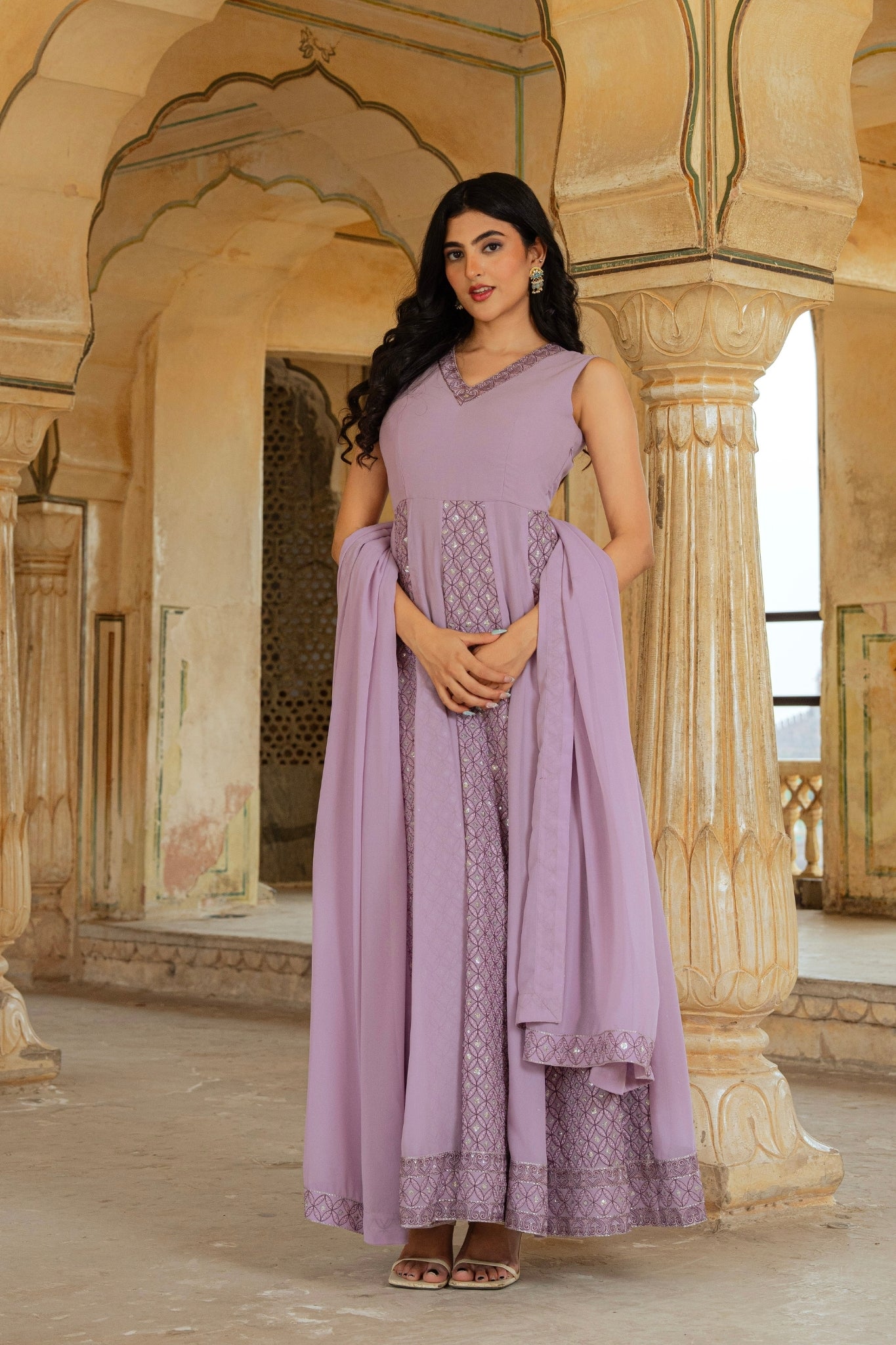 Ethereal Lilac Georgette Anarkali With Intricate Geometric Embroidery