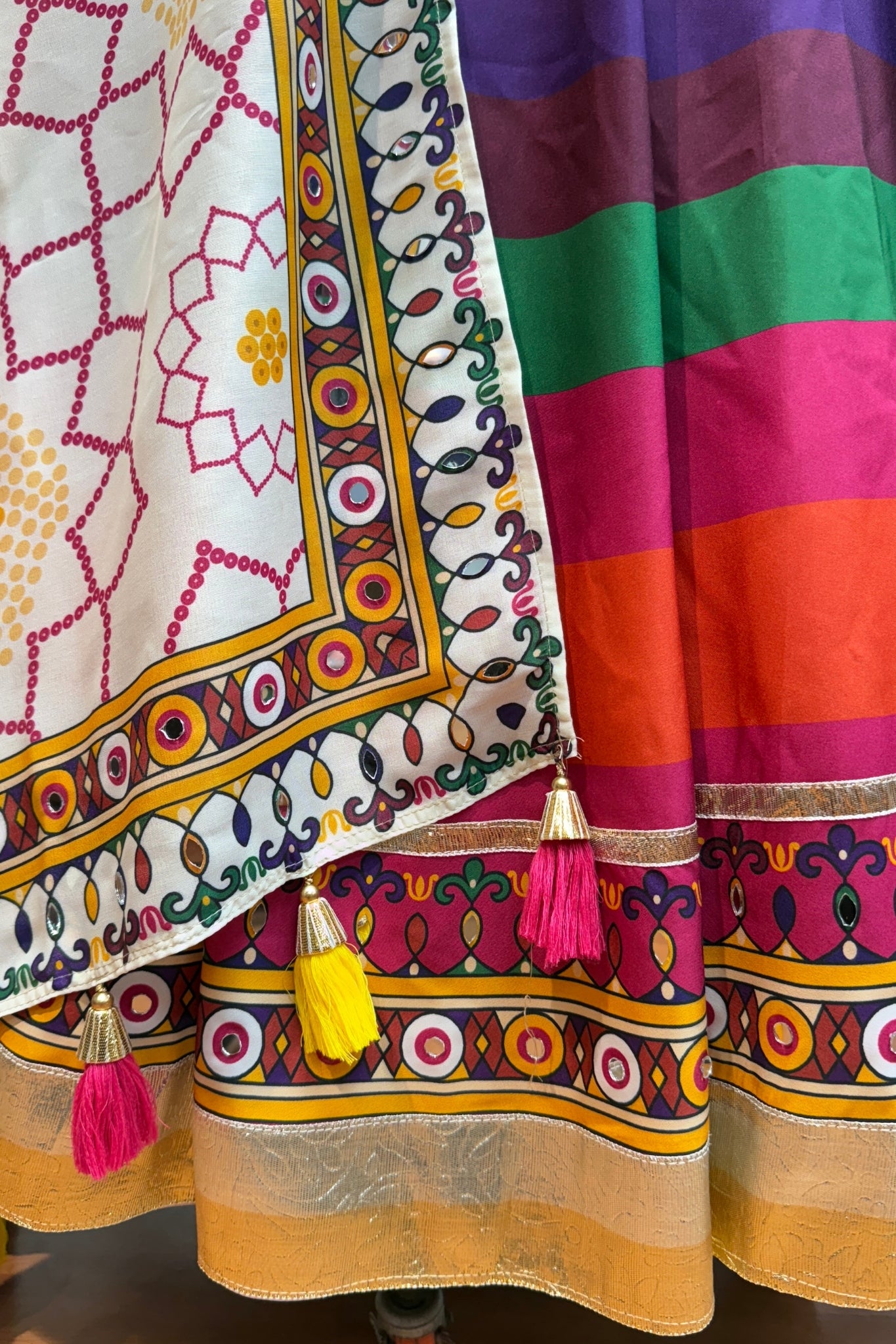 Multi Color Muslin Designer Stunning Print With Mirror Work Navratri Lehenga Choli