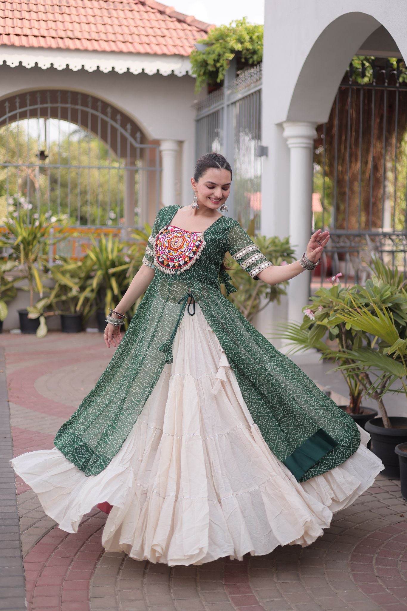 Raasrang Navratri Designer Kora Cotton Lehenga With Kutchi Patchwork Bandhani Print Kurti For Garba & Dandiya