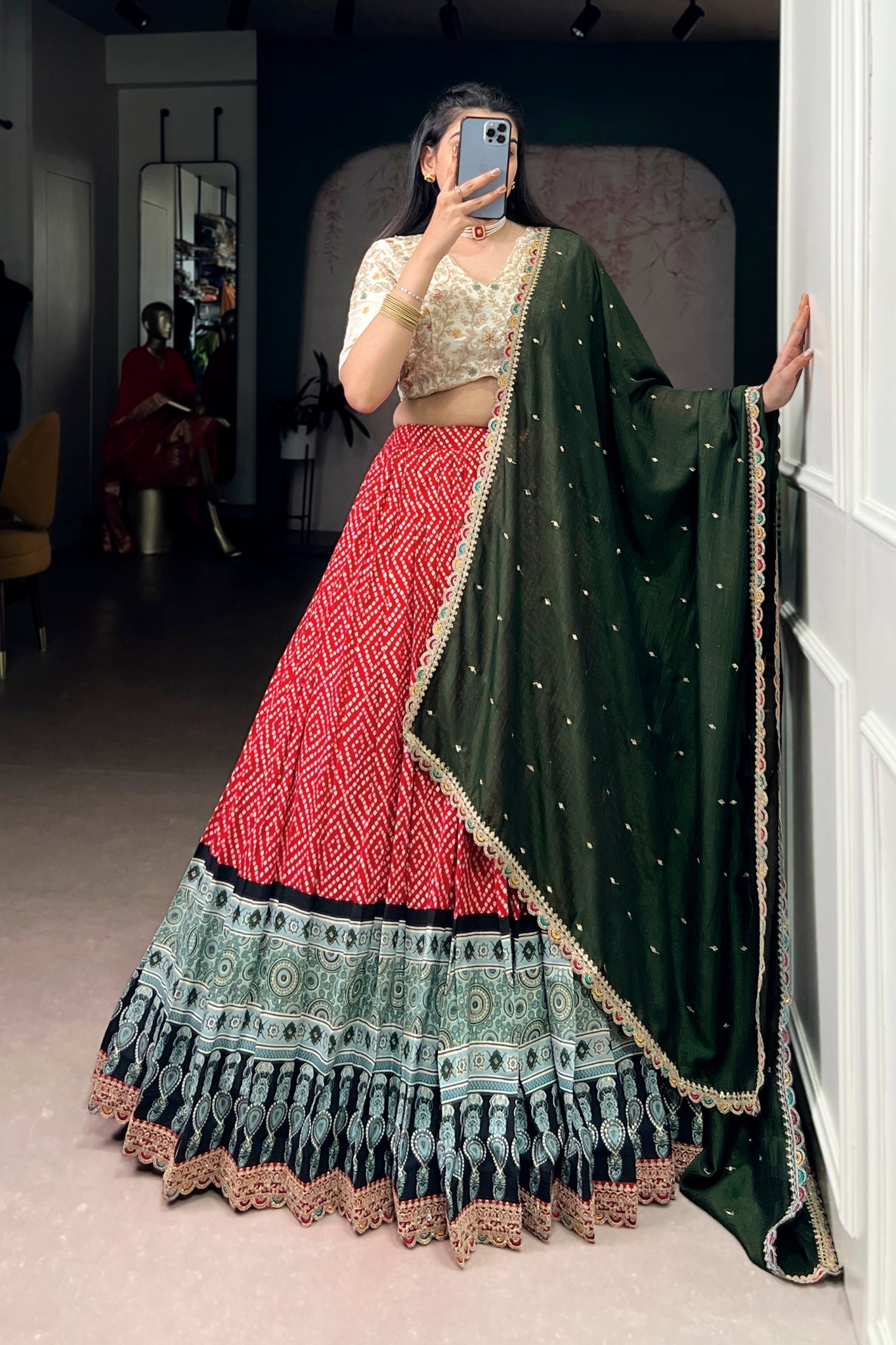 Bandhej Ajrakh Printed Lehenga Choli With Dupatta
