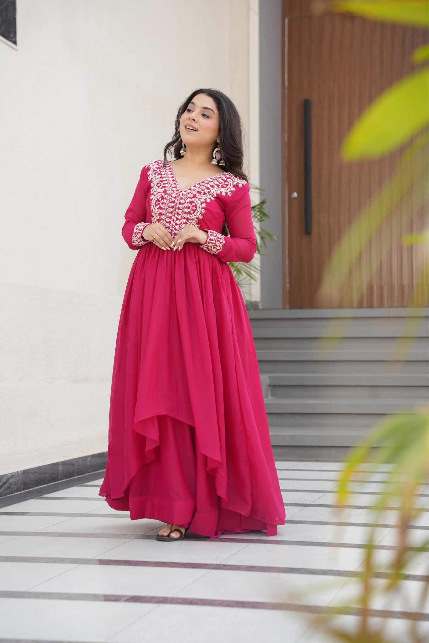 Georgette Embroidered Beads Sequins Work Double Flair Wedding Stylish Gown