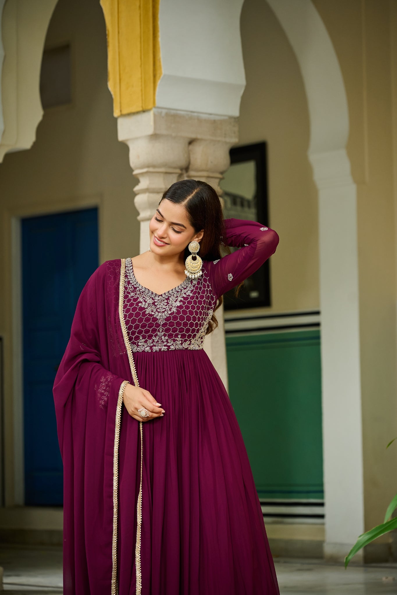 Wine Bloom Elegance The Royal Beaded Designer Gown