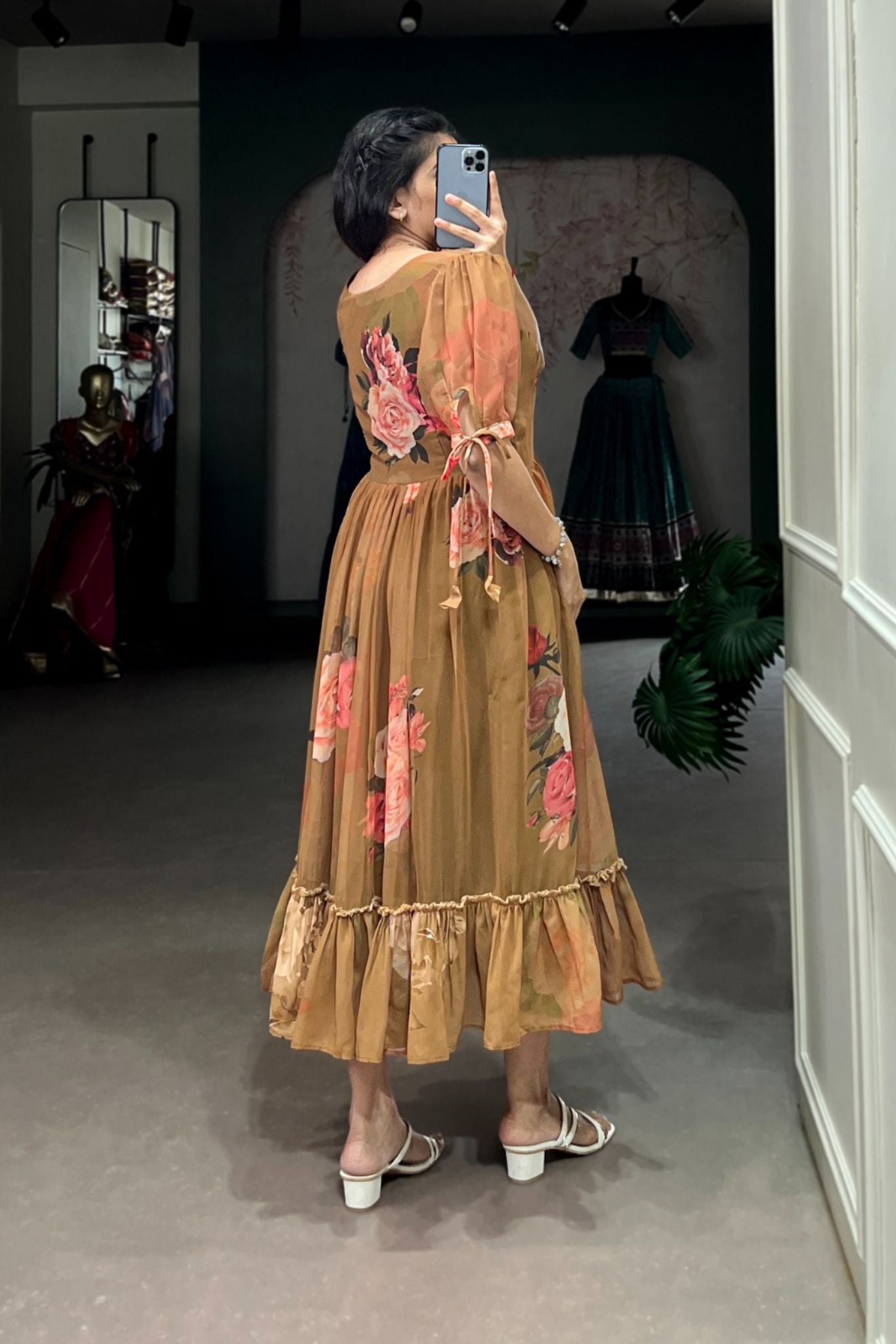 Brown Floral Printed Georgette Dress