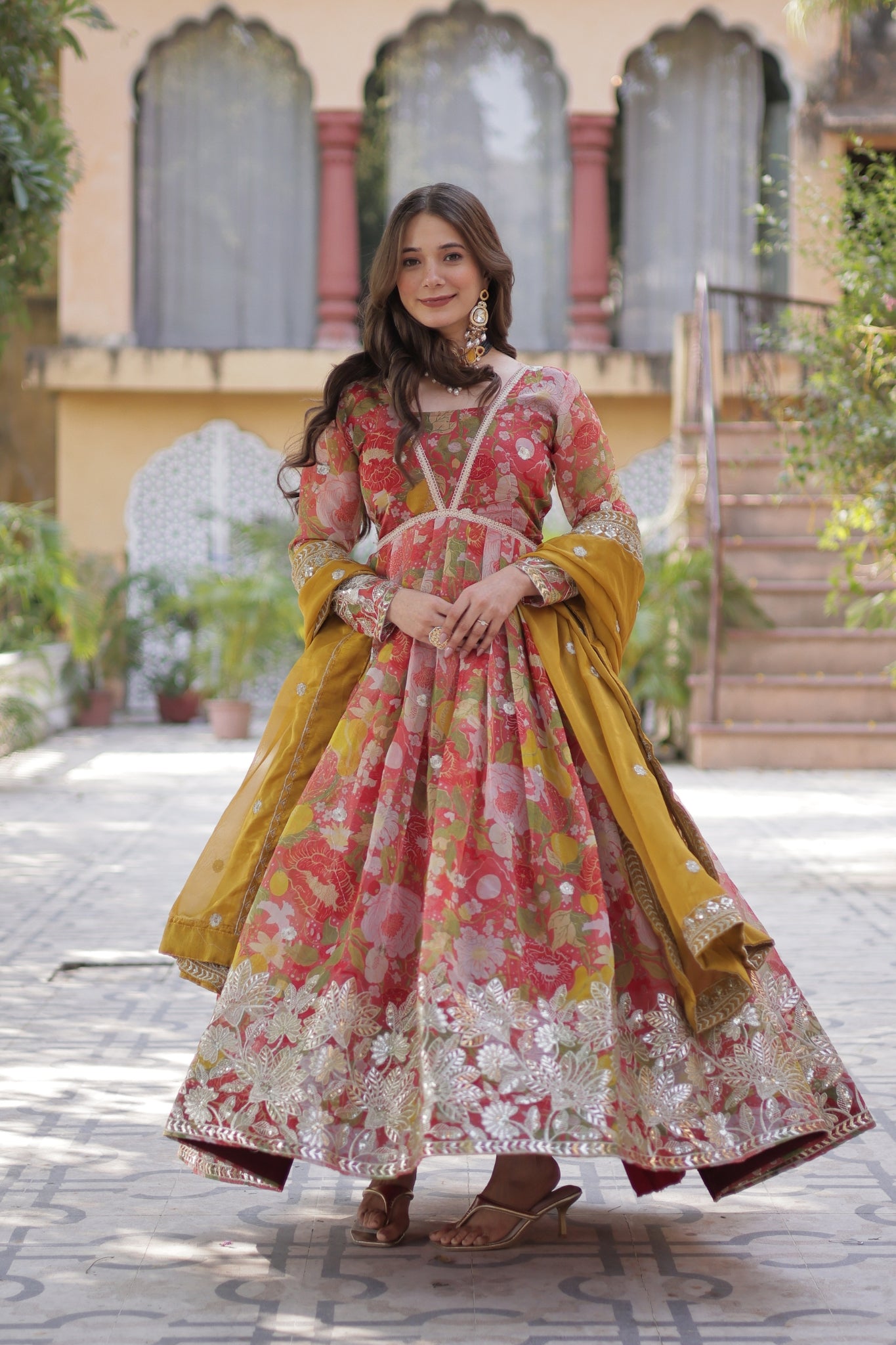 Designer Printed Gold Sequins Embroidered Work Anarkali Gown
