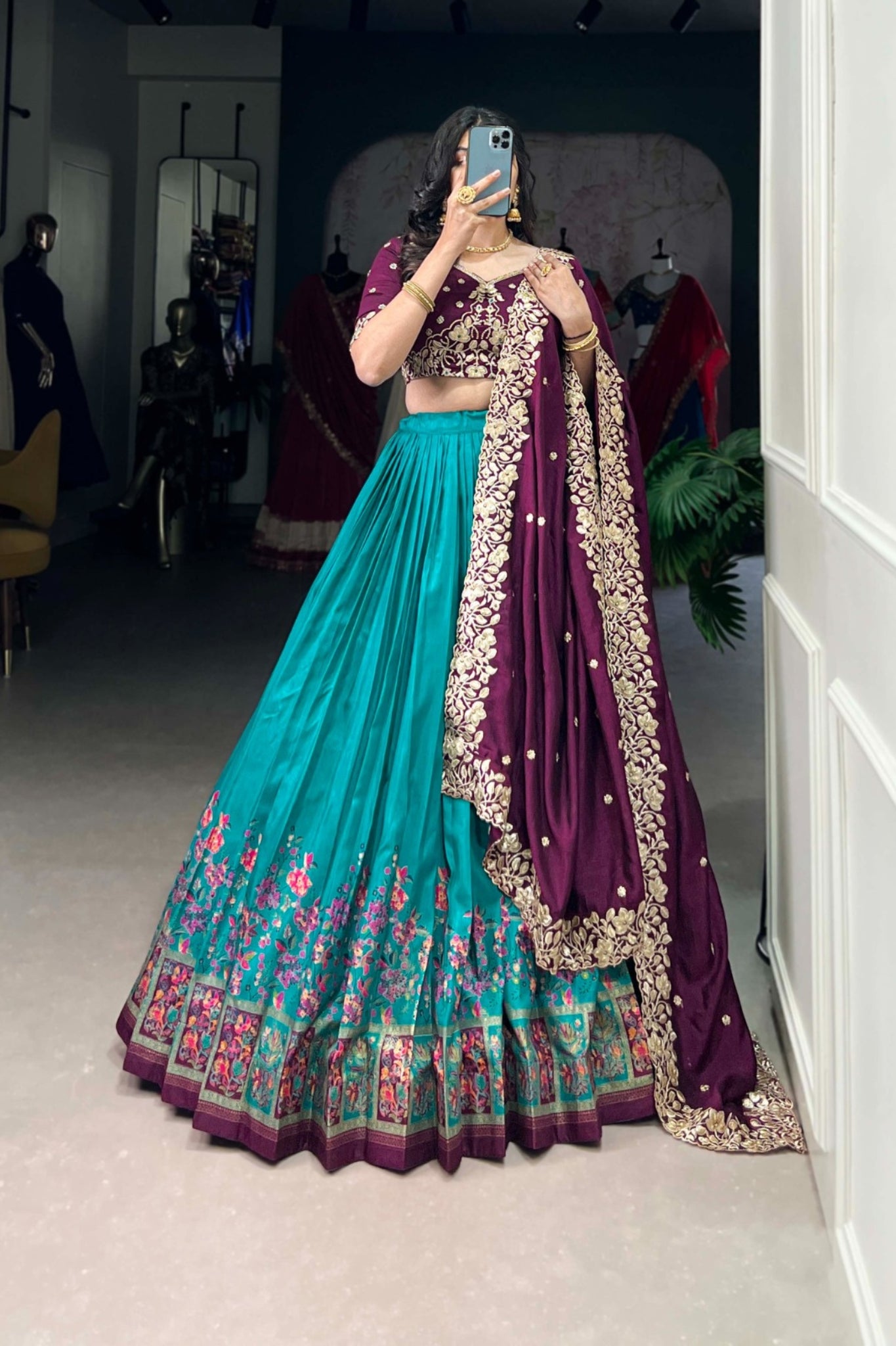 Designer Tussar Silk Printed Lehenga Set With Embroidered Blouse And Dupatta