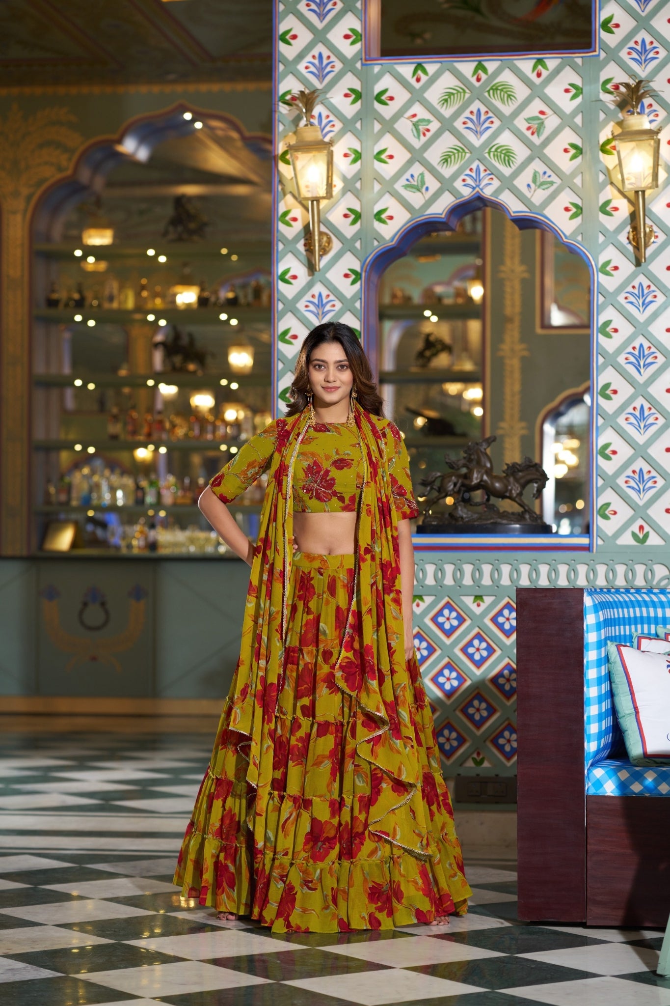 Floral Marble Print Lehenga Choli Set For Women