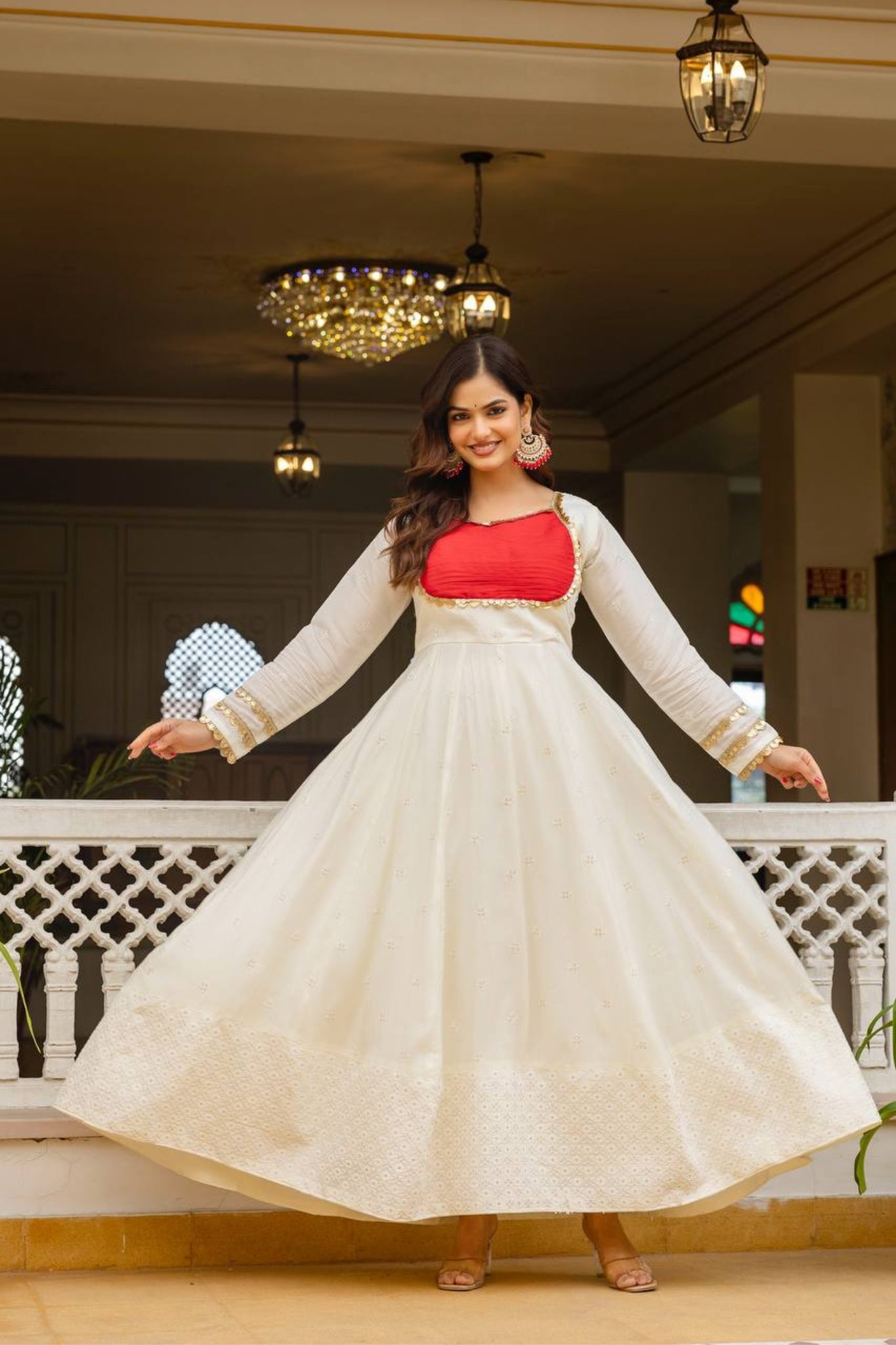Elegant Roman Silk Chikankari Anarkali Set With Dupatta