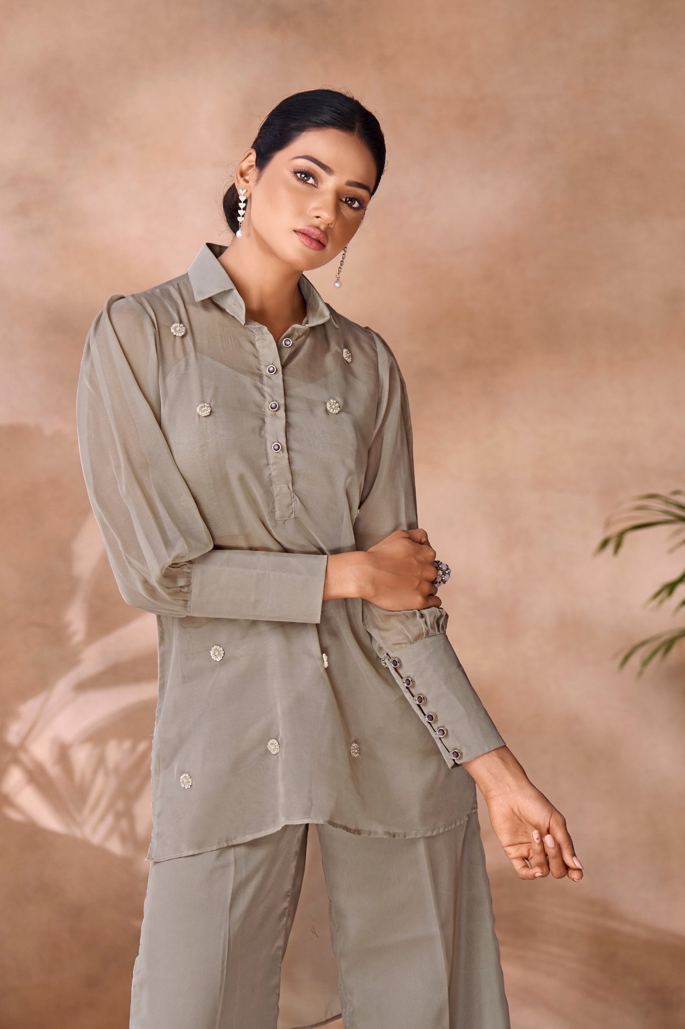 Serene Grey Handwork Organza Co Ord Set