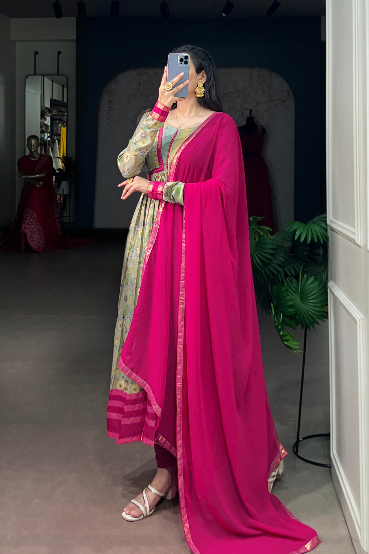 Tasar Silk Floral Print Anarkali Dress with Foil Work & Georgette Lace Border Dupatta
