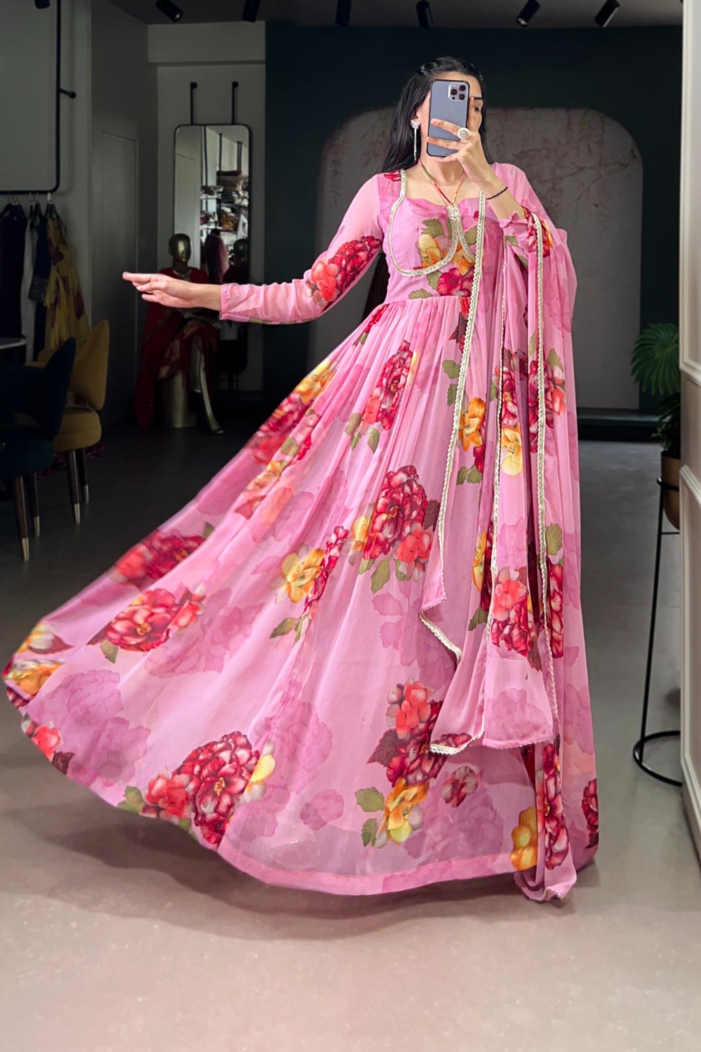 Premium Chiffon Floral Print Gown With Lace Detailing And Matching Dupatta