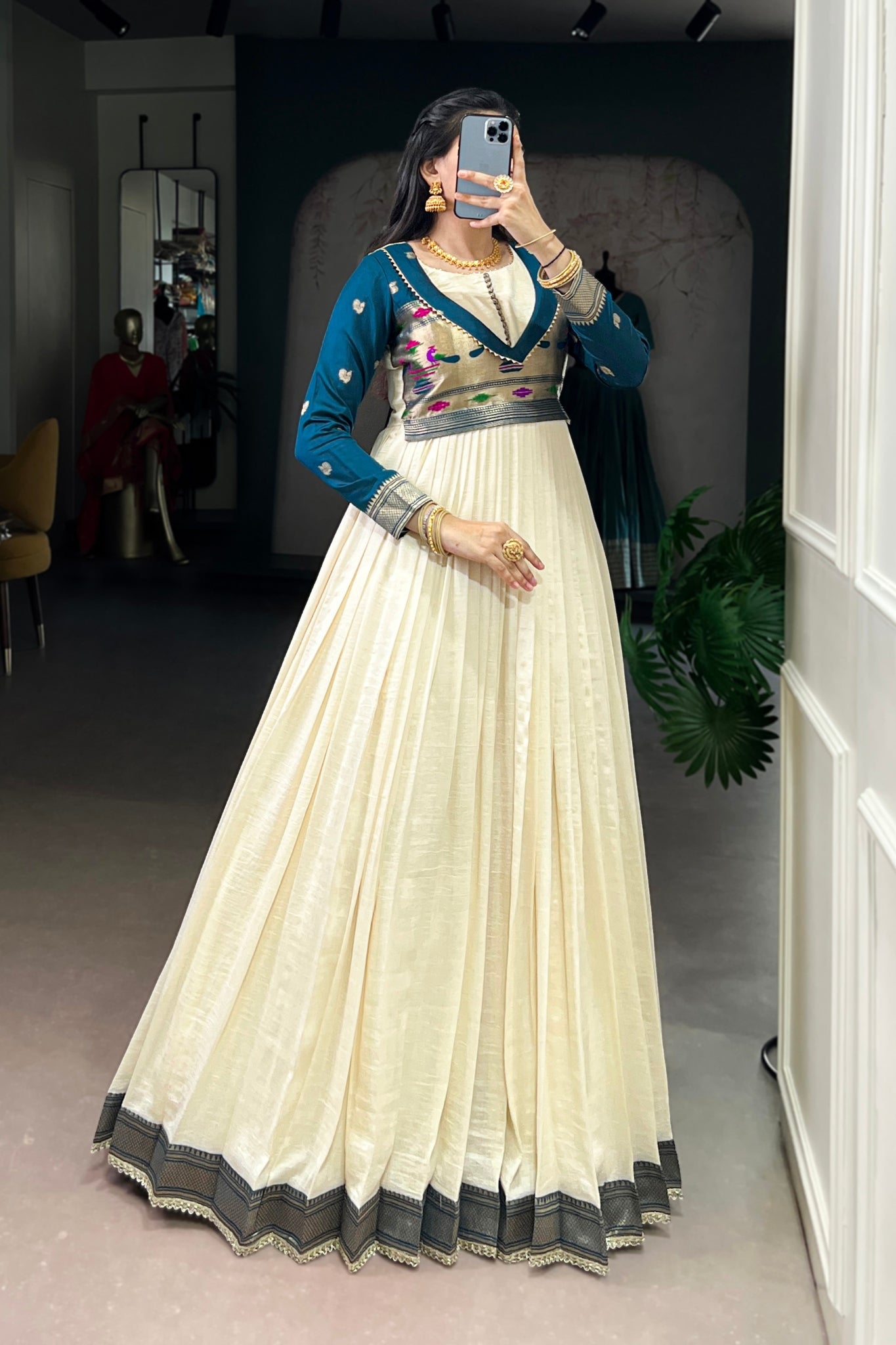 Off White Vichitra Silk Zari Woven Flared Dress With Lace Detailing