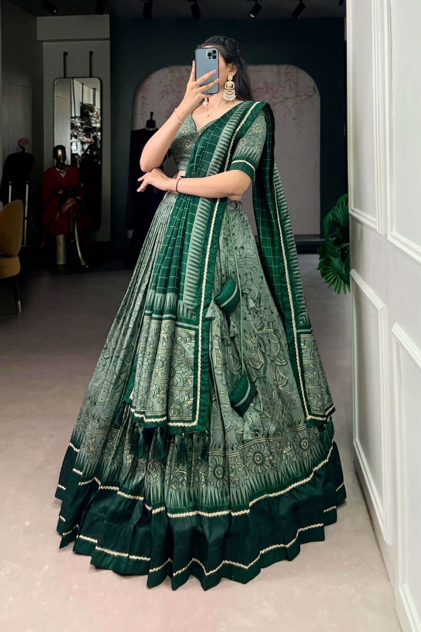 Festive Kalamkari Printed Tasar Silk Lehenga Choli With Dupatta