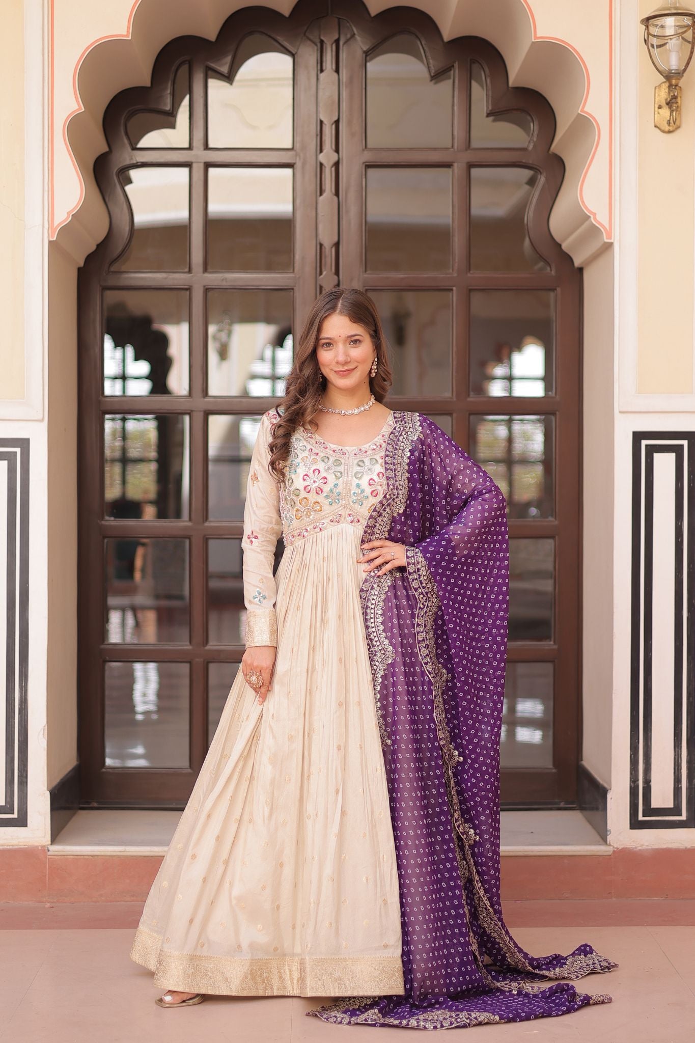 Cosmos Weaving Jacquard Crafted Pearl beads Embroidered Work Gown With Dupatta