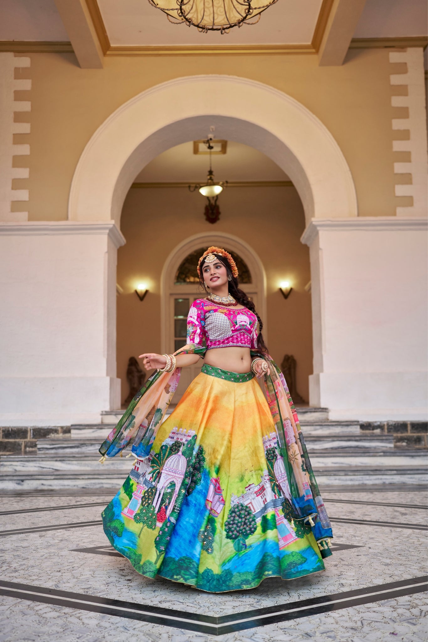 Royal Yellow Art Silk Heritage Lehenga Set With Architectural Digital Prints Organza Dupatta